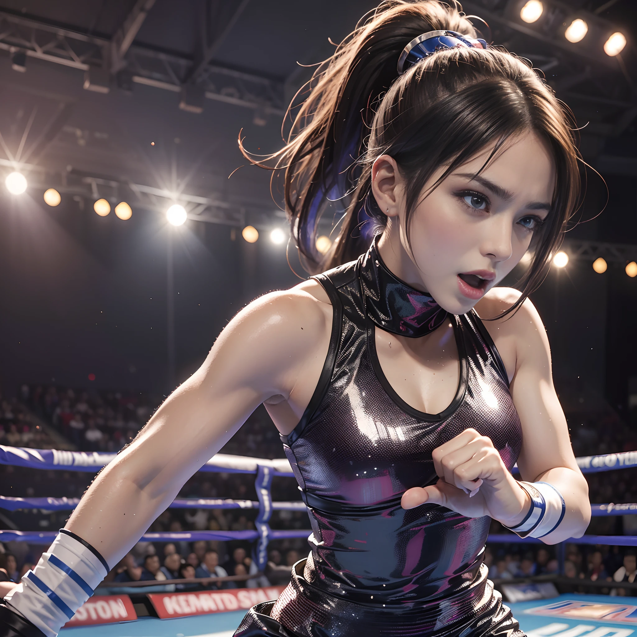 **Render**: The Greek colosseum serves as the backdrop for this 8K high-quality depiction of a boxing girl in a thrilling match. Her attire, combined with her shimmering skin and pronounced muscles, becomes a spectacle. The highlight is her long, high ponytail and her expressive face, screaming in the heat of the moment, launching a suppressive strike.