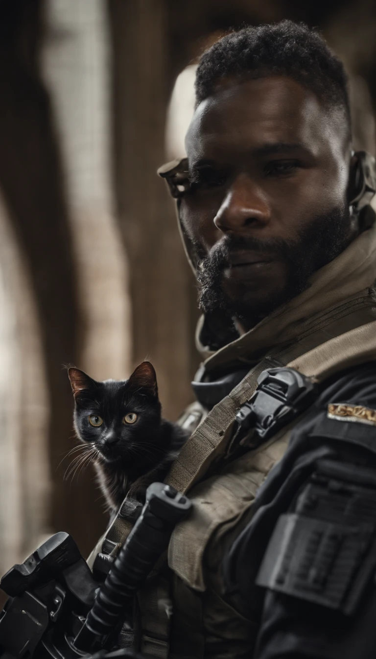 anthro cat, Black SWAT costume, Detailed dark mascara, Perfect skin, Smiling, He was on the side of an armored SWAT vehicle, In a villa, He was heavily armed,hold a rifle, Rule of thirds, High quality background, ultra detailed scenery, super sharp focus, Detailed dark mascara, Perfect for professional photos