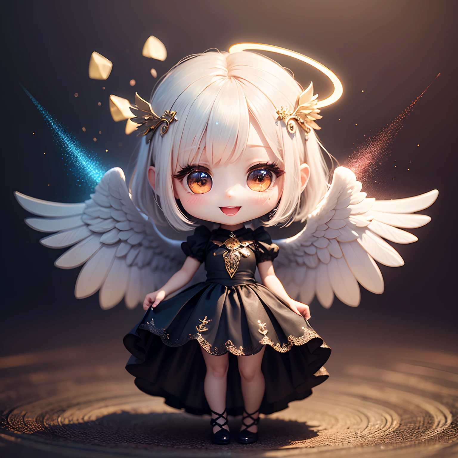 ​masterpiece、top-quality、ultra-detailliert、(Chibi Chara Angel:1.2)、Detailed wings with white hairs、(Halo:1.4)、(Light prism:1.2)、Open your mouth and smile、Glitter Mold Dress、Full-body standing figure、