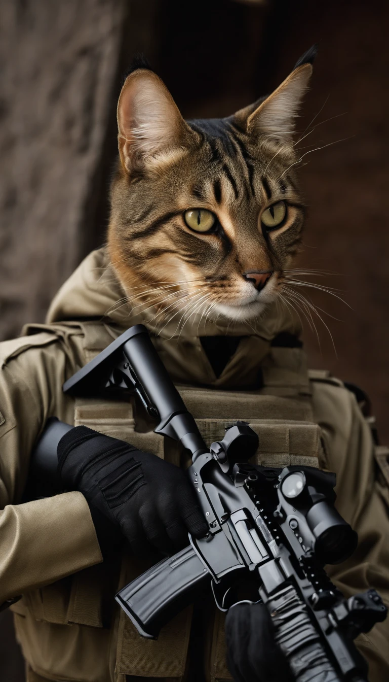 anthro cat, Black SWAT costume, Detailed dark mascara, Perfect skin, Smiling, He was on the side of an armored SWAT vehicle, In a villa, He was heavily armed，hold a rifle, Rule of thirds, High quality background, ultra detailed scenery, super sharp focus, Detailed dark mascara, Perfect for professional photos