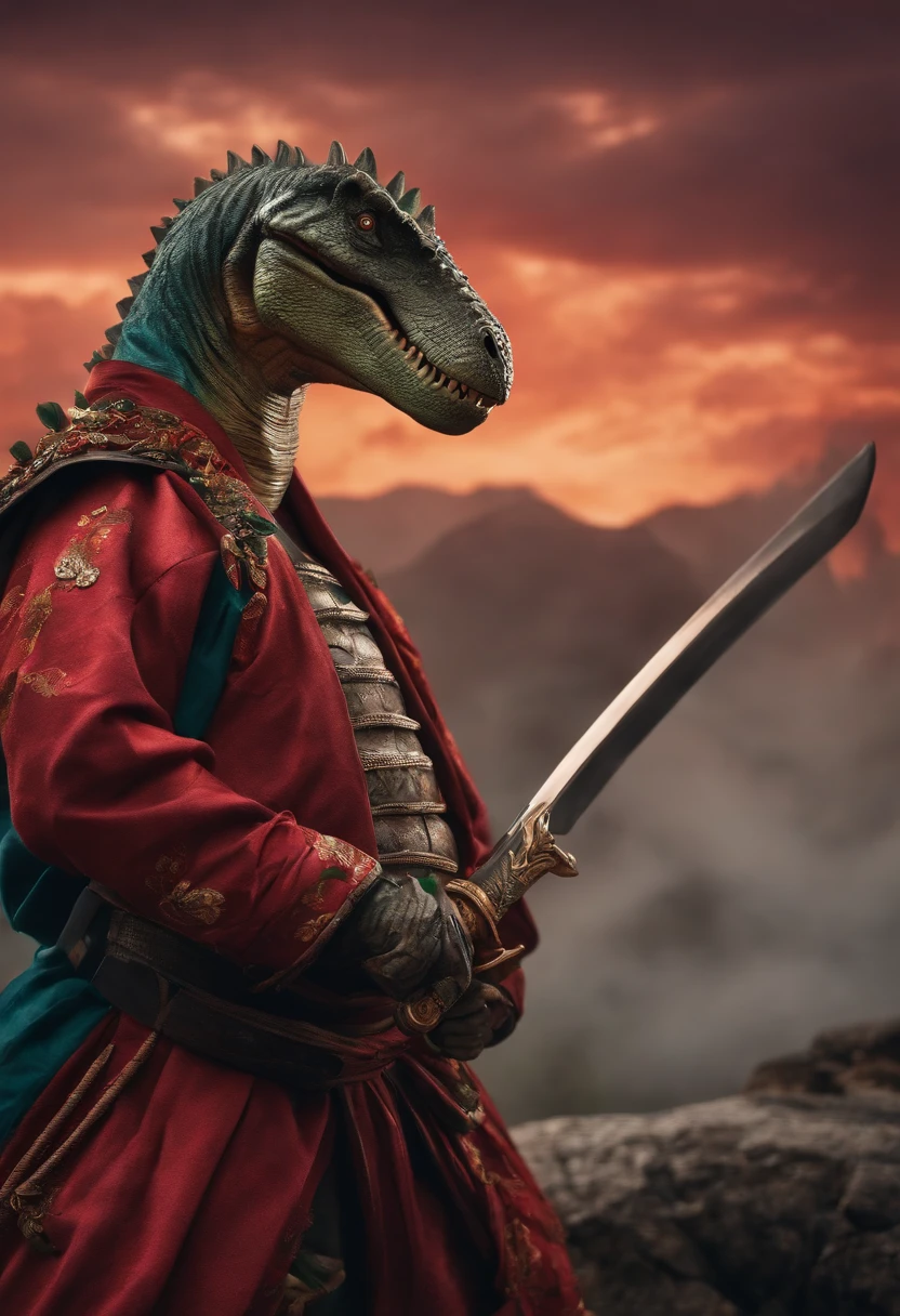 A dinosaur in samurai clothing holding a katana in one hand