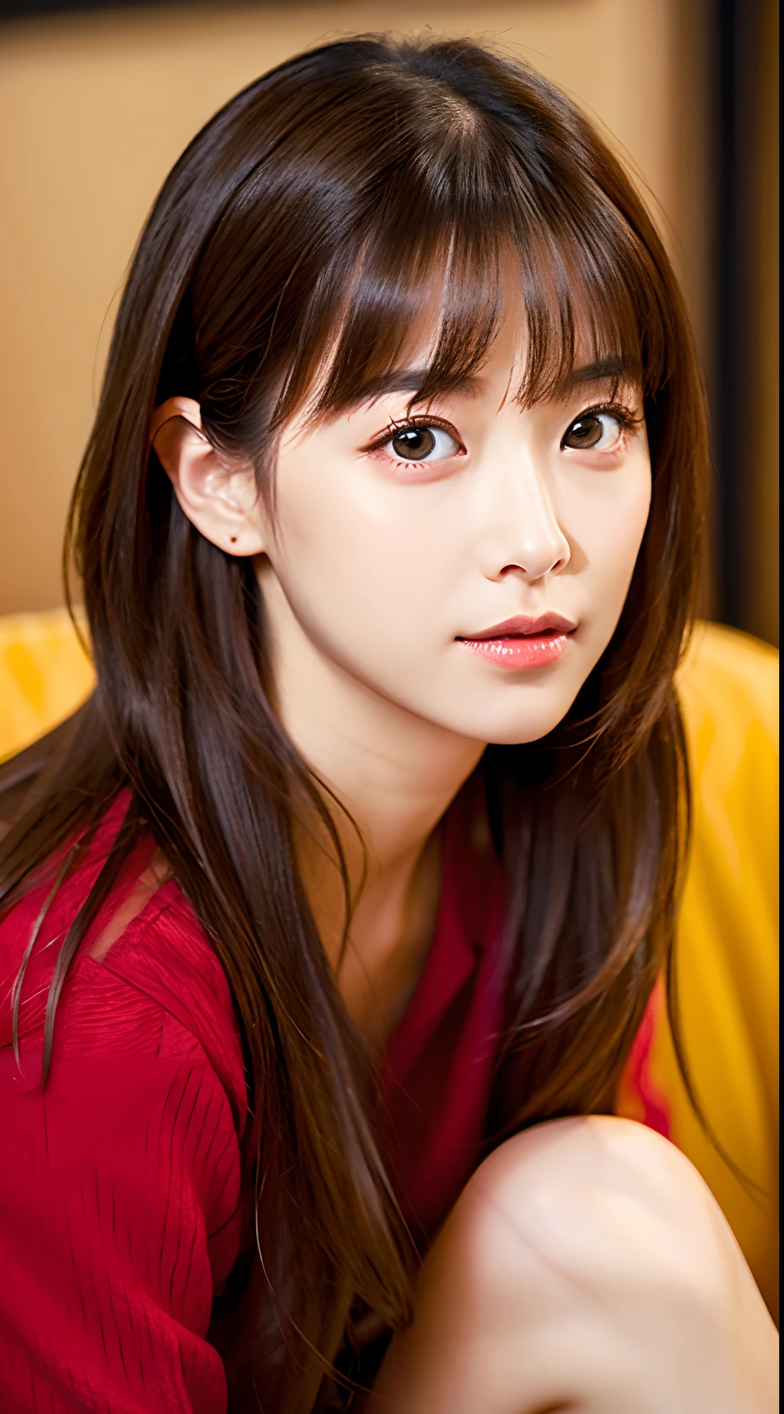(of the highest quality, Masterpieces, Realistic, girl with:1.3), (Long Princess Cut Hair), (a blond), With bangs、middlebreasts ( lipgloss), (30 years old), (hyper cute face), (Super delicate eyes), (Ultra-detailed nose), (Ultra detailed mouth), (Ultra-detailed legs), (ultra detailed body), gaze at the audience、close - up face、In the apartment、Black camisole、Plaid mini skirt、Relax on the sofa