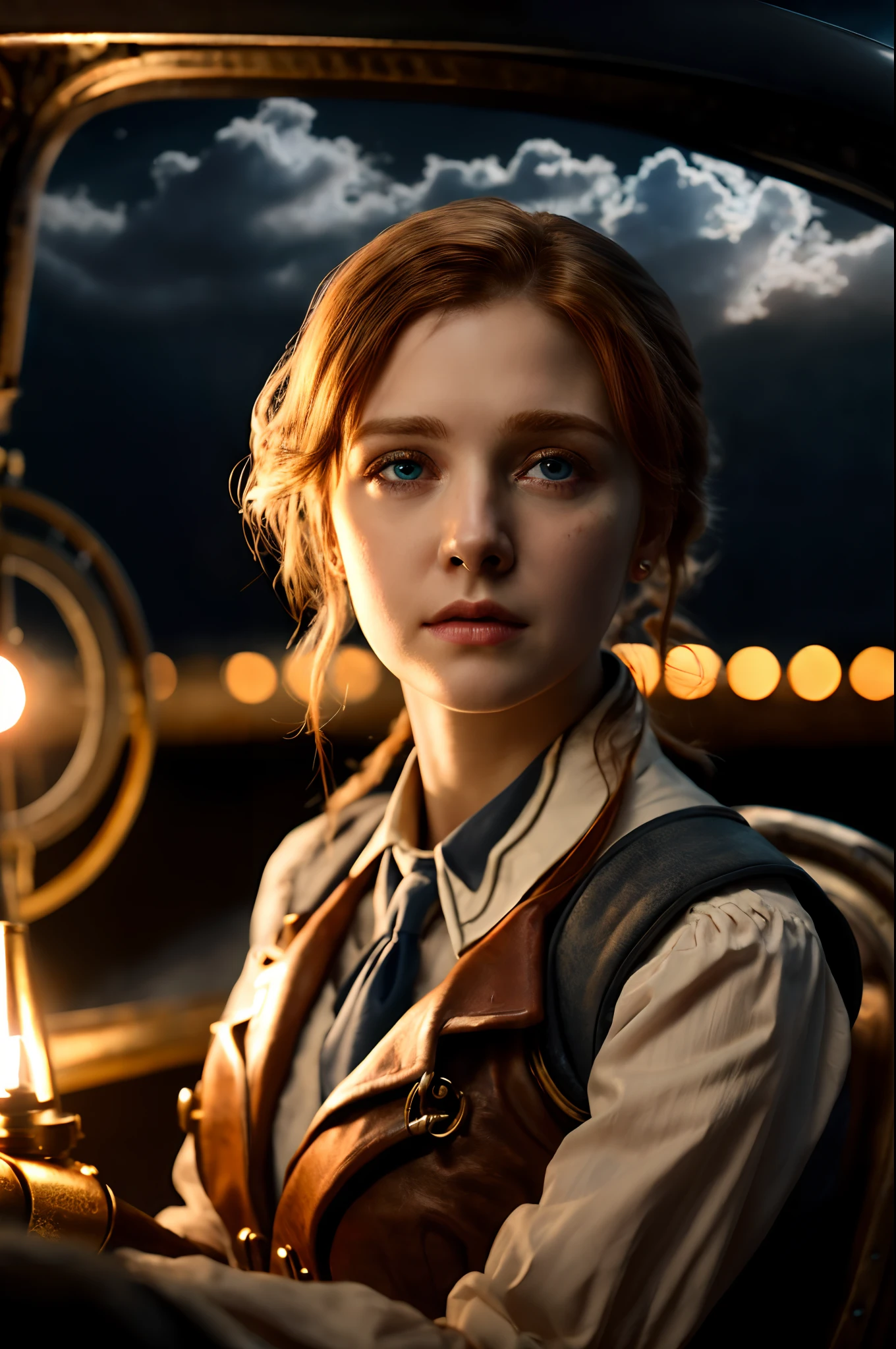 masterpiece, realistic, Photorealistic, ultra detailed, 8K, Raw photo, depth of field, Realistic light, Cinematic composition, skyscape with clouds, nightfall, depth of field, 35 mm, soft steampunk aesthetic, Steampunk Time Voyager, full length portrait, short windblown skirt, smudge outline, like a fairy tale, cute sexy, pleasure, depth of field, (Focus: 1.2), dark atmosphere, cinematic lighting, detailed face and skin texture, fine eyes, copper hair colour, action movie style, faded colours