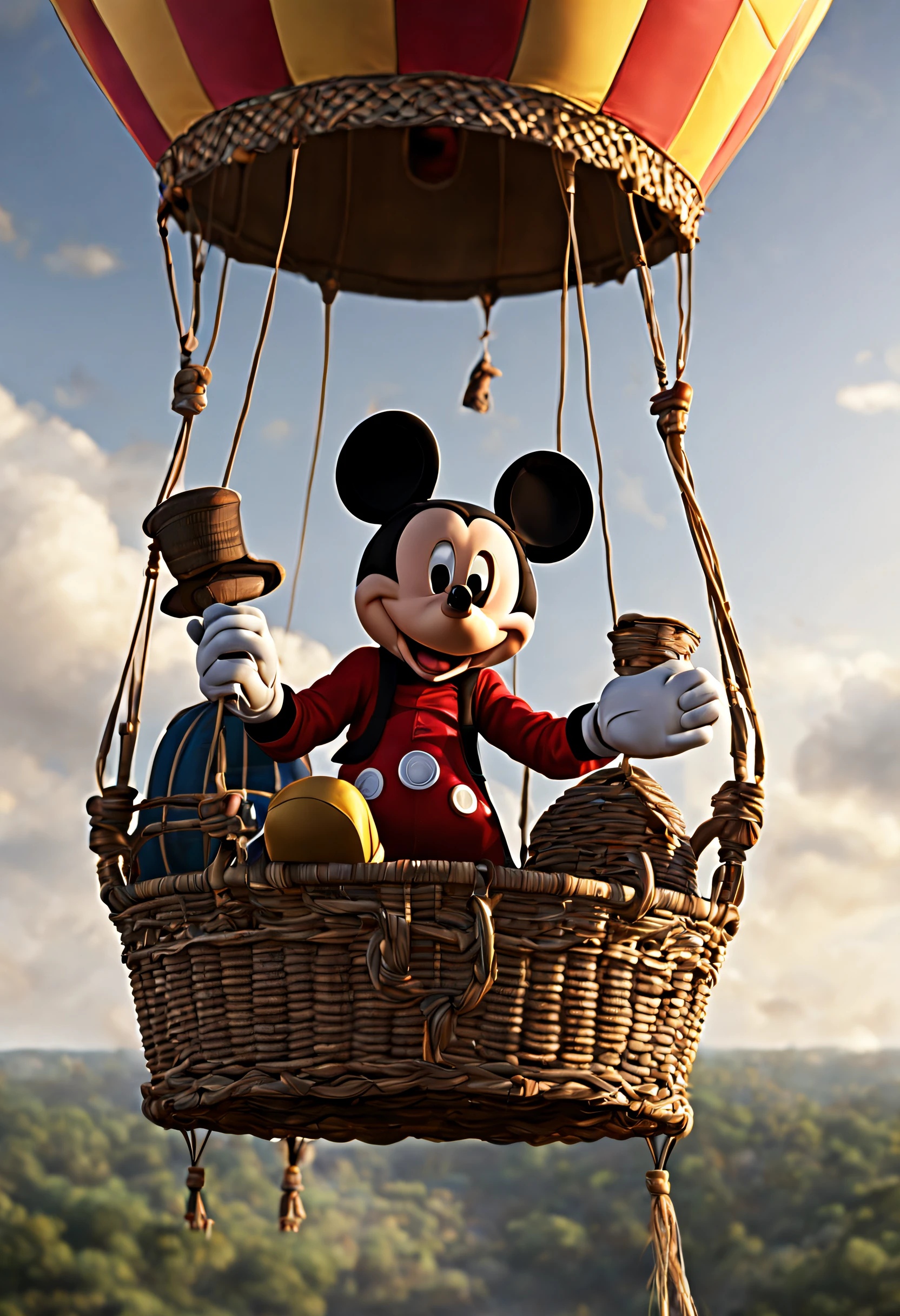 (best quality, 4k, 8k, high resolution, masterpiece: 1.2), ultra detailed, (realistic, photorealistic, photorealistic: 1.37), (mickey mouse in a hot air balloon: 1.32), high resolution, image taken from an animated movie , intricate details, magical lighting, scene taken from a Walt Disney movie