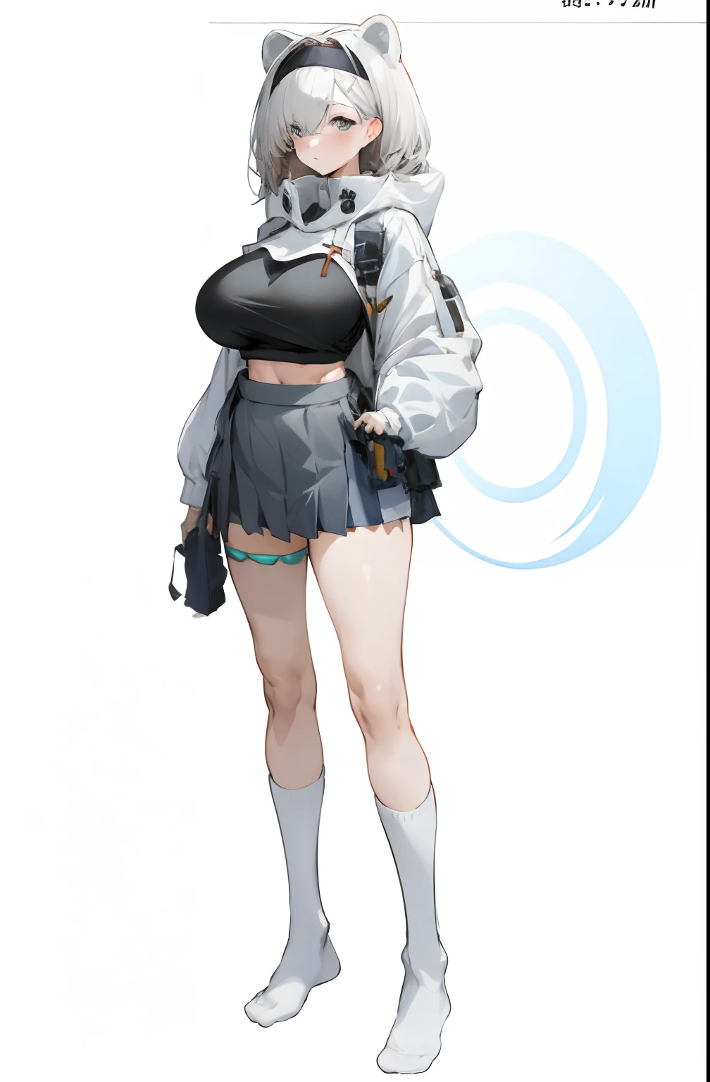 Bigboobs，cropped shoulders，knee length socks，pleatedskirt，No shoes on，hoody，Stand up