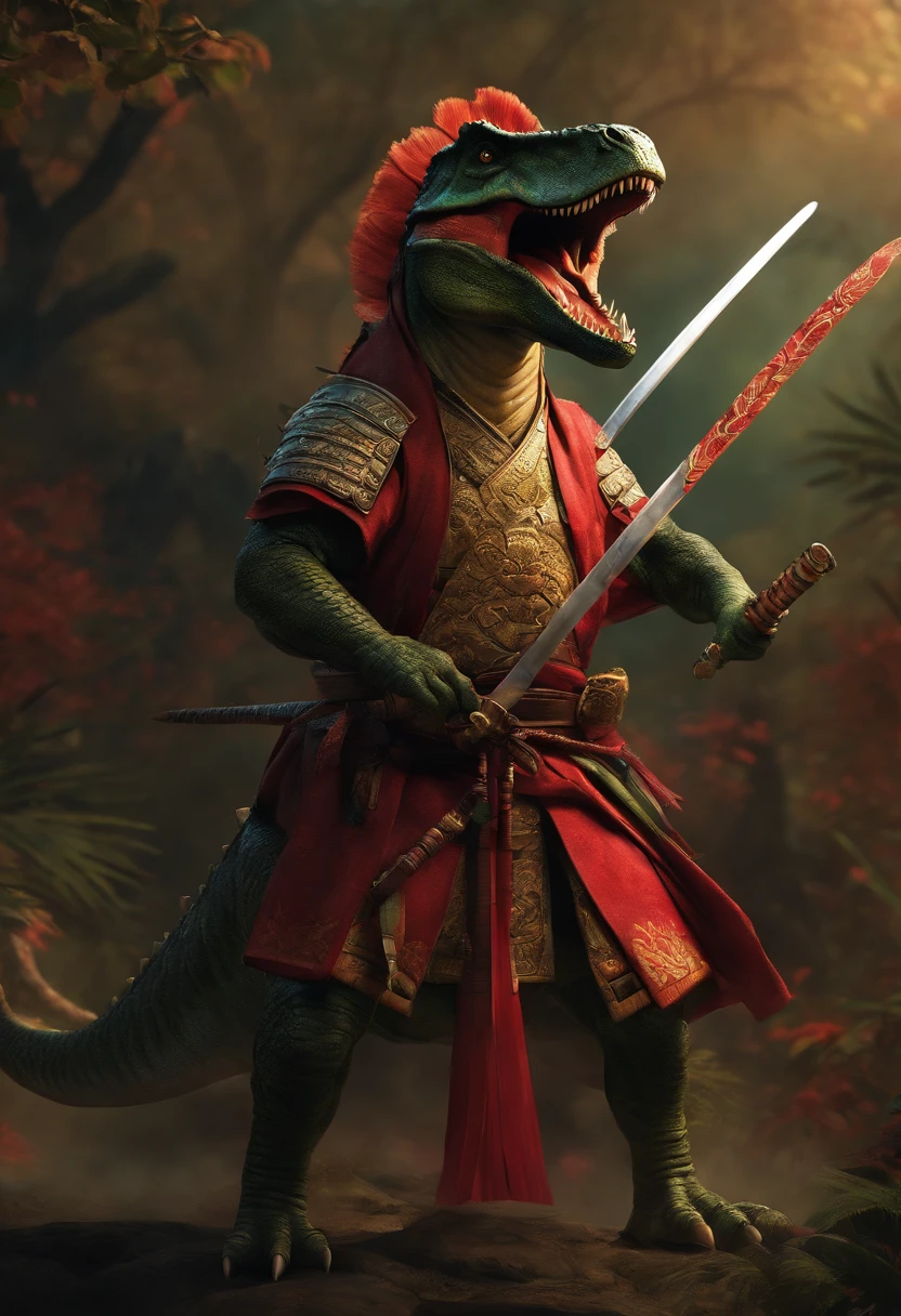 A dinosaur in samurai clothes holding a katana in one hand
