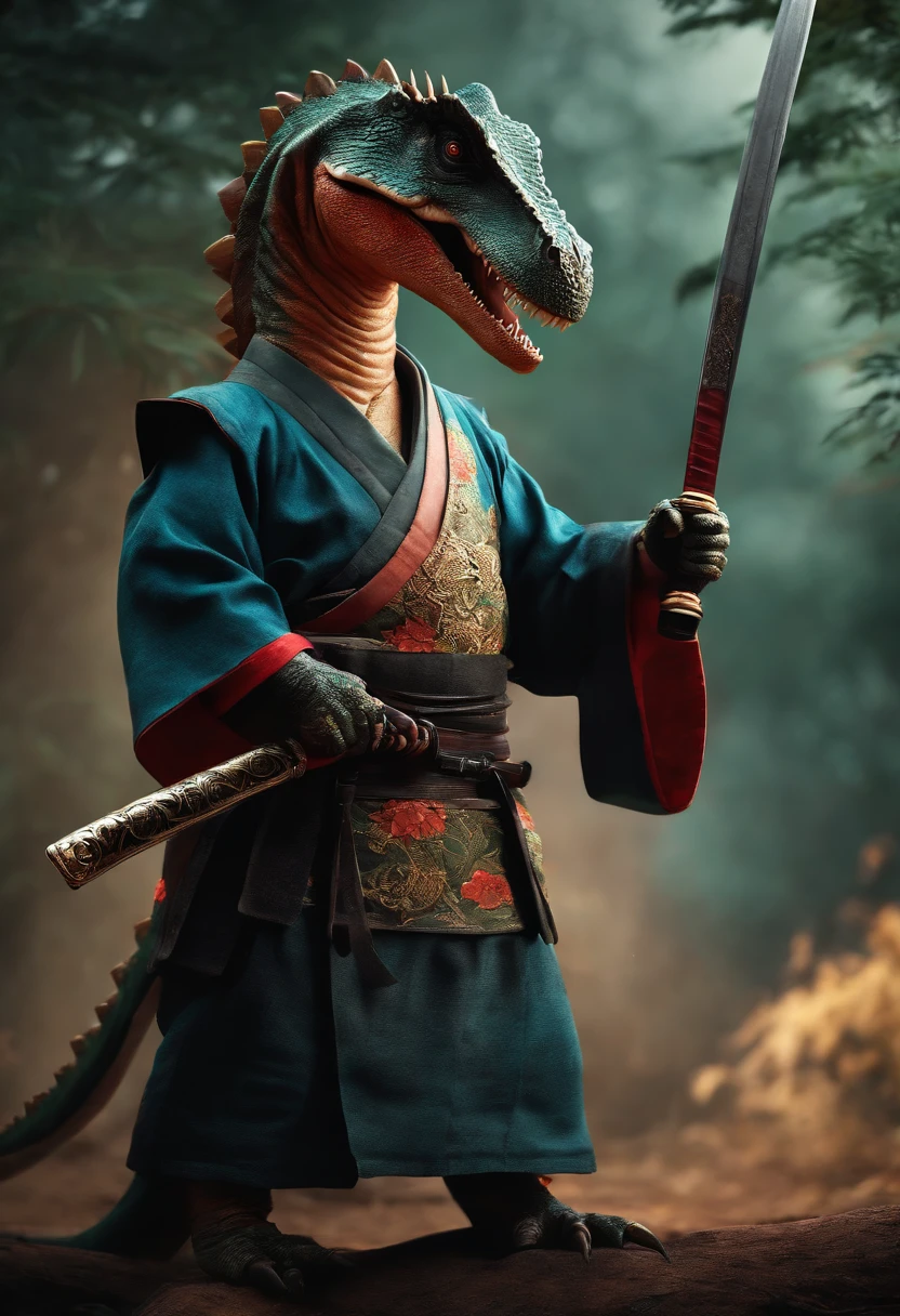 A dinosaur in samurai clothes holding a katana in one hand