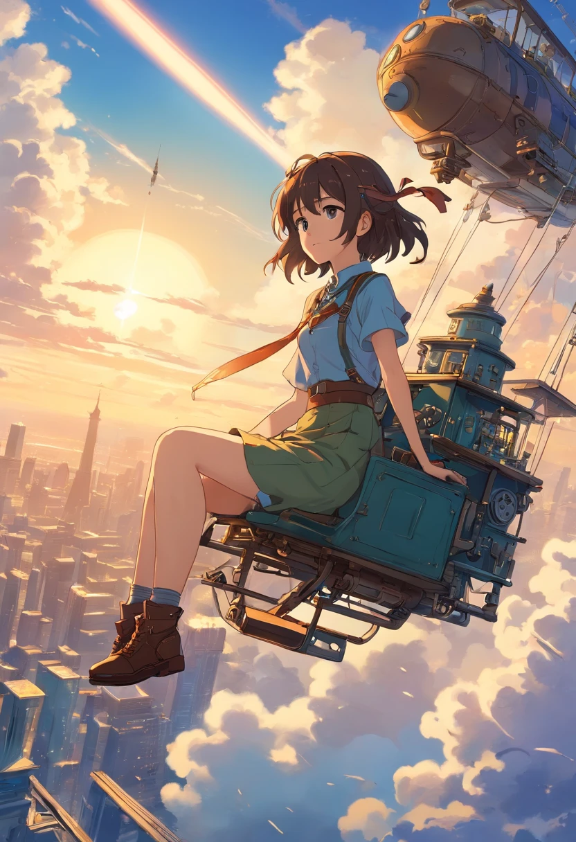 Chinese ink style,Steampunk world,Girl piloting steampunk flying machine,Suspended in the air of the city,Thick clouds,Ink animation art,Comic ink art,water ink,shadowing,dyeing,8K,Delicate depiction,Works of masters,