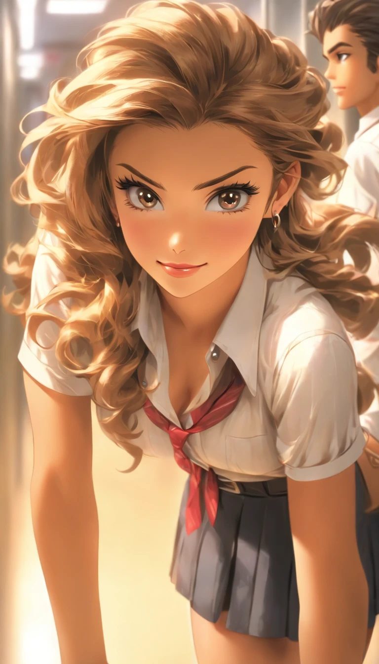(Masterpiece: 1.3), (Maximum resolution: 1.2), (Ultra HDTV: 1.2), Cinema light, Ultra HDTV, (Detailed eyes and skin), (Detailed facial features), HDR, 8k resolution, Sharp Focus: 1.2, Perfect style, beautiful face, Perfect body, accurate, anatomically correct, highly detailed face and skin texture, detailed eyes, Dark-blue eyes, double eyelids, thin eyebrows, glitter eyeliner: 1.2, natural cheeks, glossy skin, fair skin: 1.2, shiny little necklace and earrings, (glossy lips: 1.4), BREAK, first-person-view, (she is very Cute high school student), (Wearing a Button up shirt, pleated mini skirt, Navy tie, high socks), (seductive smile: 1.2), ((Innocent and Cute girl:1.3)), (side-Ponytail Hairstyle, wavy hair), (Light-brown hair:1.2), medium long hair, (Cowboy shot: 1.2), BREAK, ((Very intimate relationships: 1.2)), medium large breasts, ((Looking back at me:1.2)), ((Grab a shirt button.:1.4)), ((In the school changing room:1.2)), from behind,