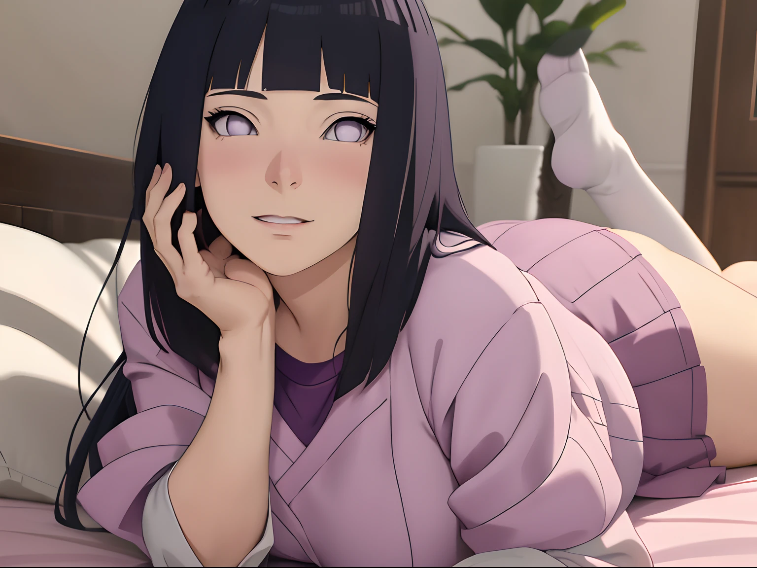 Made, absurderes, Hinata\(Boruto\), 1girll, Solo,Mature female, view the viewer,Perfectcomposition, Detailed lips, big breast, Beautiful face, body propotion, Blush, (Pink lips), Long hair, Purple eyes, Soft gaze,(high school senior),Wear a student uniform,a sailor suit,Wear a school uniform, Sad smile, Super realistic, Detailed, photoshoot, Realistick faces and bodies,(perspire,Sweat a lot,Blushlush,Be red in the face,I had a lot of sweat on my face,Blushlush),(Bigboobs),In luxury hotels,Lie down in bed,Enchanting pose,