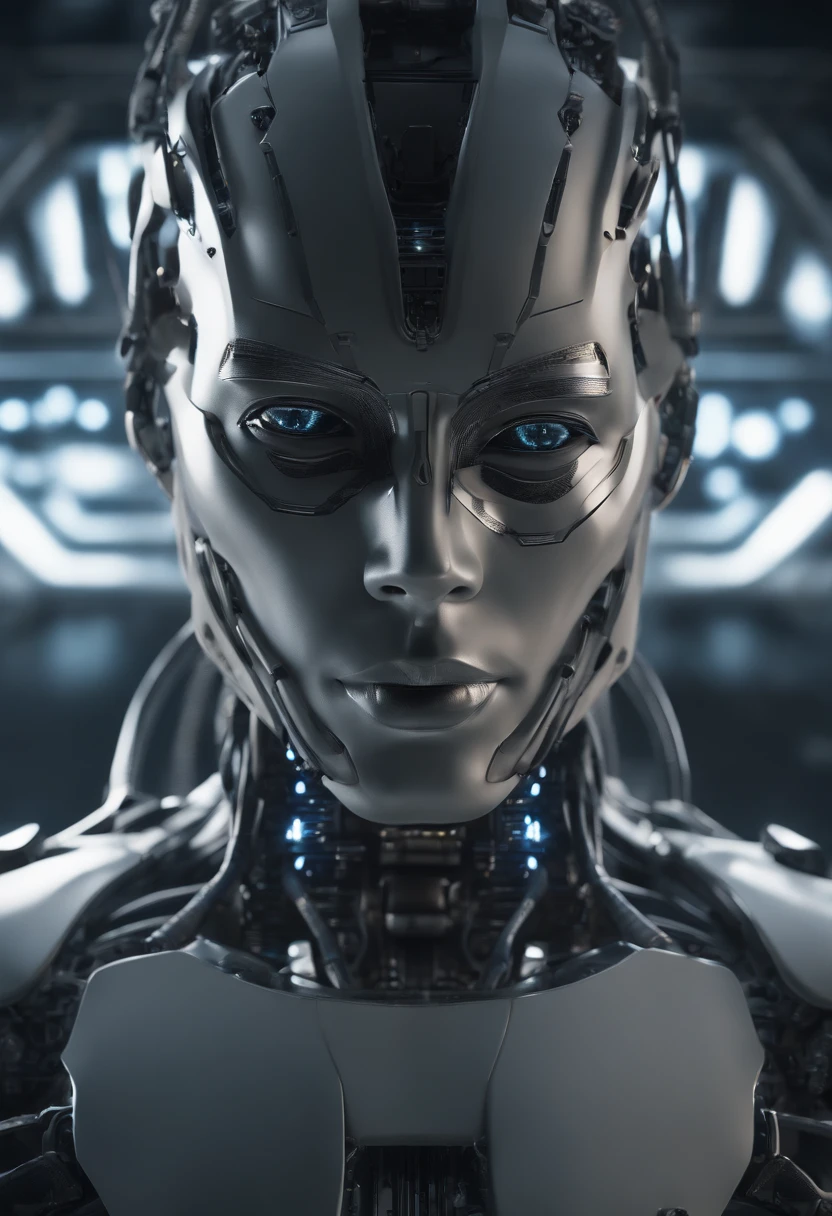 (best quality,8k,highres,masterpiece:1.2),ultra-detailed,(realistic,photorealistic,photo-realistic:1.37),detailed human eye in the center, robots working in an office setting, realistic, ultra-detailed robots, high-resolution, finely crafted metal textures, realistic portrayal of futuristic technology, intricate wiring and circuitry, meticulously designed workstations, advanced robotics arms, subtle reflections on the metallic surfaces, professional lighting, vivid colors, bokeh, futuristic office equipment, natural lighting pouring through large windows, sophisticated design aesthetic, precise lines and sharp edges, the hustle and bustle of robots engaged in various tasks, robots diligently typing on keyboards, digital screens displaying complex data visualizations, carefully crafted mechanical movements, subtle reflections on the human eye, intricate details of the iris, lifelike rendering of light reflections, realistic skin texture, futuristic attire, sleek and polished finishing on the robots, depth of field effect to highlight the central human eye, optimized composition to create a visually impactful scene, a perfect harmonization of human and robotic presence.