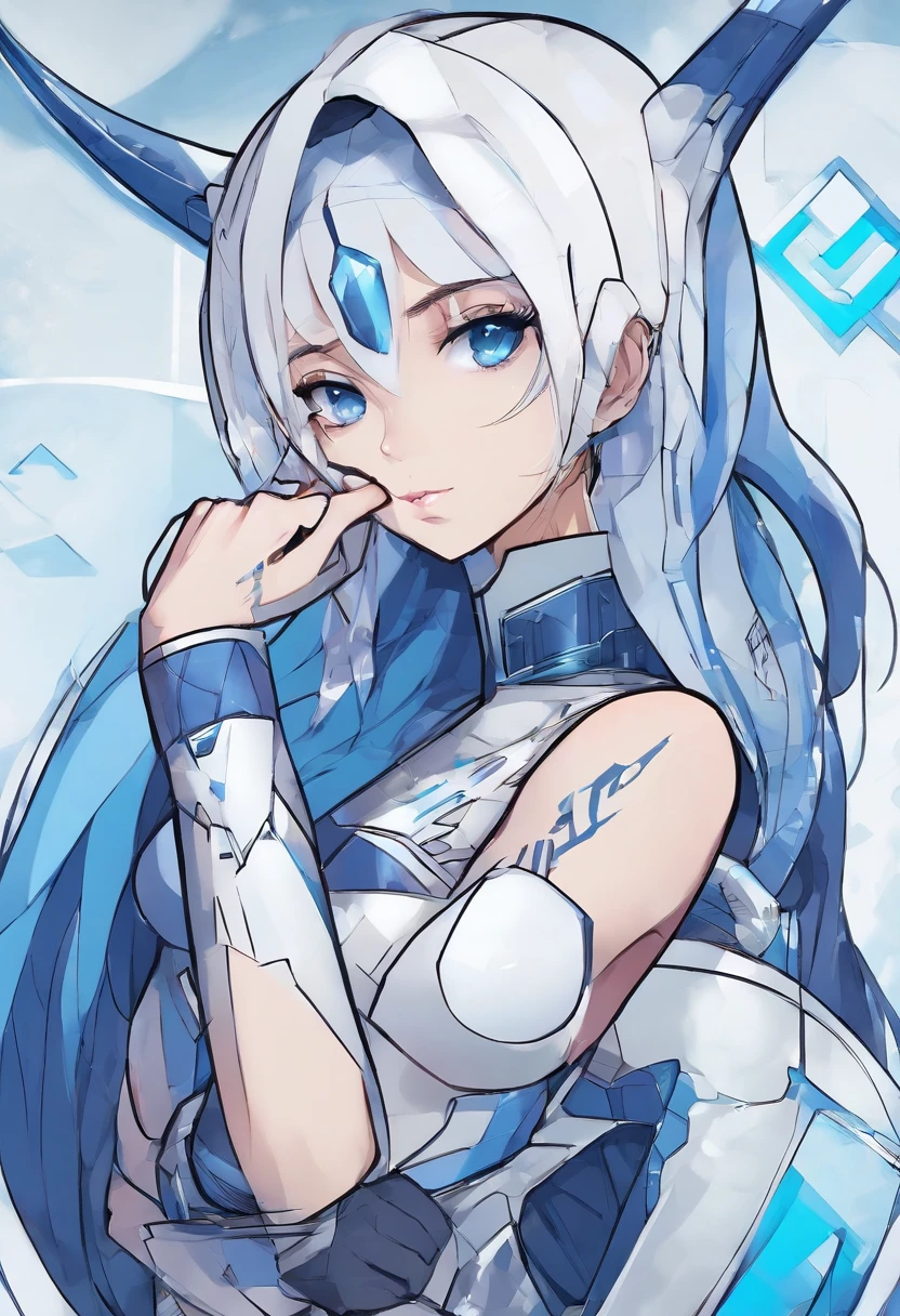 girl Eyes: Light and penetrating blue. Navy blue hair\nSkin: Fair, with battle scars.\nHeight: Tall, slender and athletic.\nClothes: Futuristic Viking armor, ax with runes.