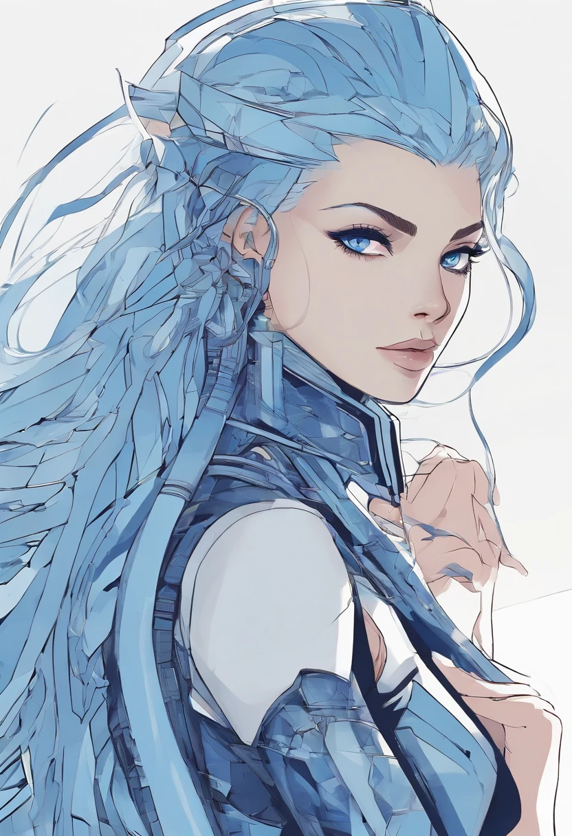 girl Eyes: Light and penetrating blue. Navy blue hair\nSkin: Fair, with battle scars.\nHeight: Tall, slender and athletic.\nClothes: Futuristic Viking armor, ax with runes.