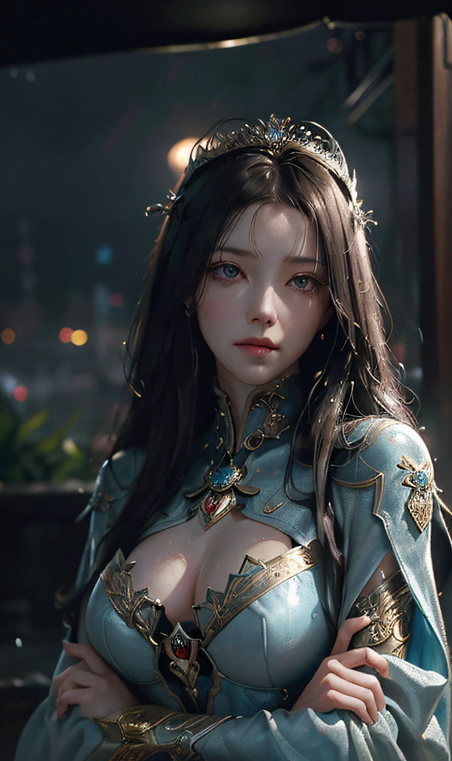 The image of a woman wearing a helmet surrounded by other people, Stephen Hickman, beautiful retro art, Mars Attack, gilded lotus princess, featured on cgsociety, Cosmic apocalypse, persian queen, Kirill Leonov, author:a pastel by Jason A. Engle, Barbarella(Masterpiece:1.2, Best quality), (Real picture, Intricate details), (during night, Dark, heavy rain poured:1.4) There was no one in the alley, the surroundings were silent, Only raindrops splashed on the tiled eaves of low houses, Near and far;, making a slight rustling sound. In the cold rain, (Sad, Perfect eyes:1.2) are standing,Fold your arms over your chest,8K