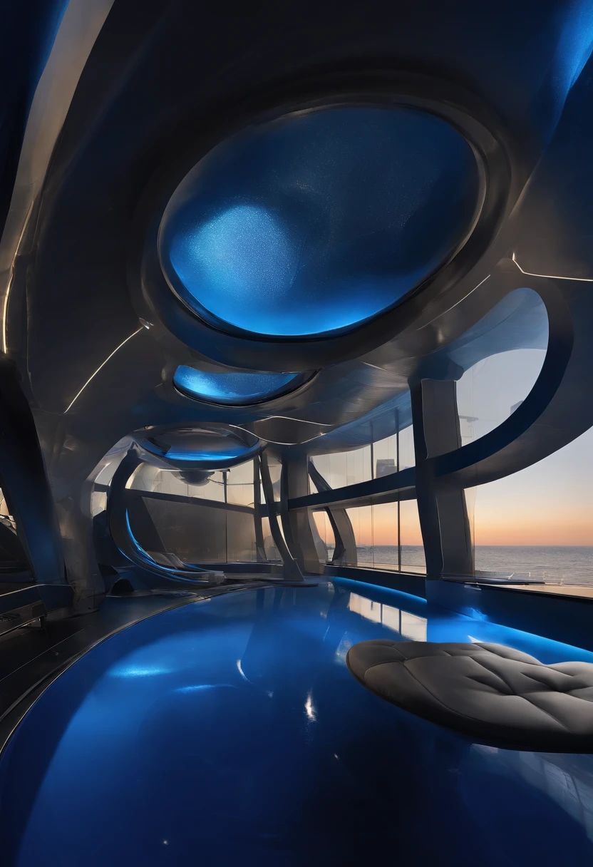 abyssal,Within a single sphere,Showing the future development of the deep sea,Futuristic technology,2 colours,Cobalt blue and navy blue,Used for poster advertising,Bottomless,Only the ocean,The light from the back window is backlighted,There are installations for future humans to explore the ocean,There are various futuristic fish.