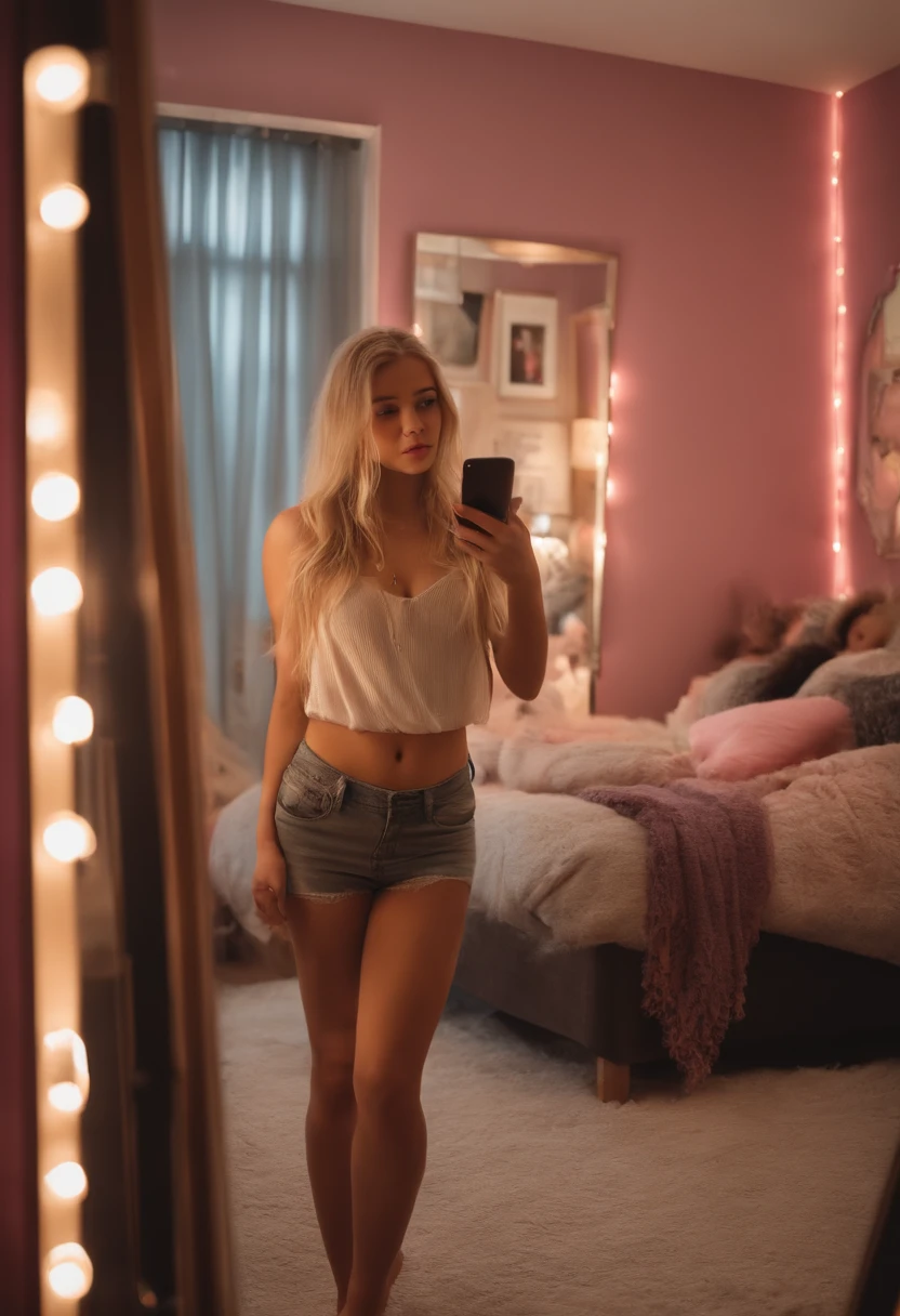 blonde girl taking full body selfie with phone front of a mirror in messy room, huge tits