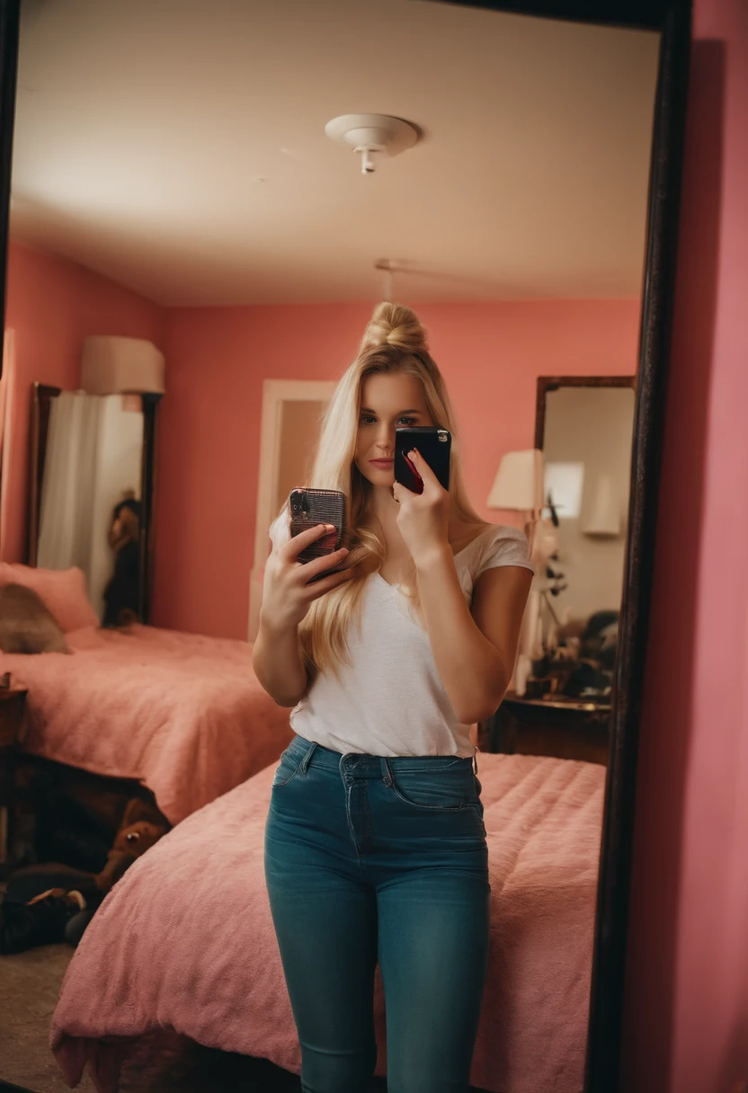 13 years old blonde girl taking full body selfie with phone front of a mirror in messy room, huge tits