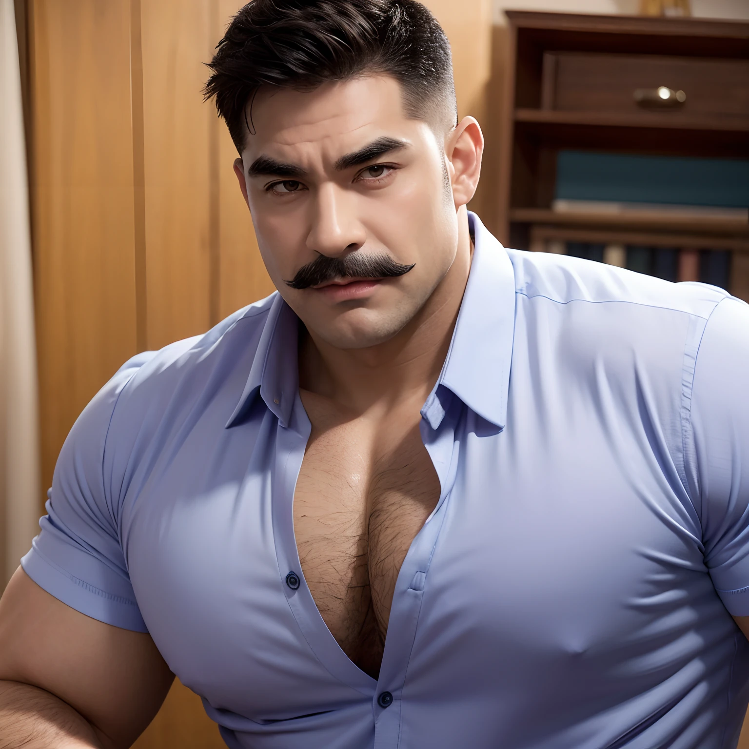 Hulk muscle male uncle,Good-looking,Slightly fat,short mustache,Thick eyebrows,brush cut,There are pectoral muscles,The upper half wears a purple-blue short-sleeved professional shirt,With a wide dark blue tie,The shirt neckline is open,Exposing the pectoral muscles,There are chest hairs on the pectoral muscles,lift thigh,Butt forward,Expose the footboard,Lie in the steaming room,The whole body is sweaty,The expression is shy
