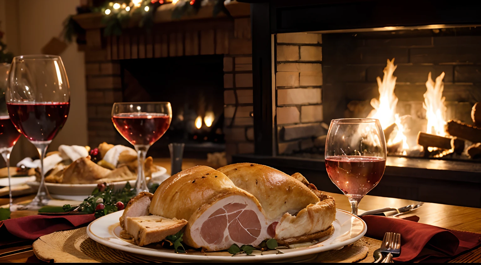 (season), christmas banquet, turkey, ham, pie, wine, table set-up, background warm fire-place