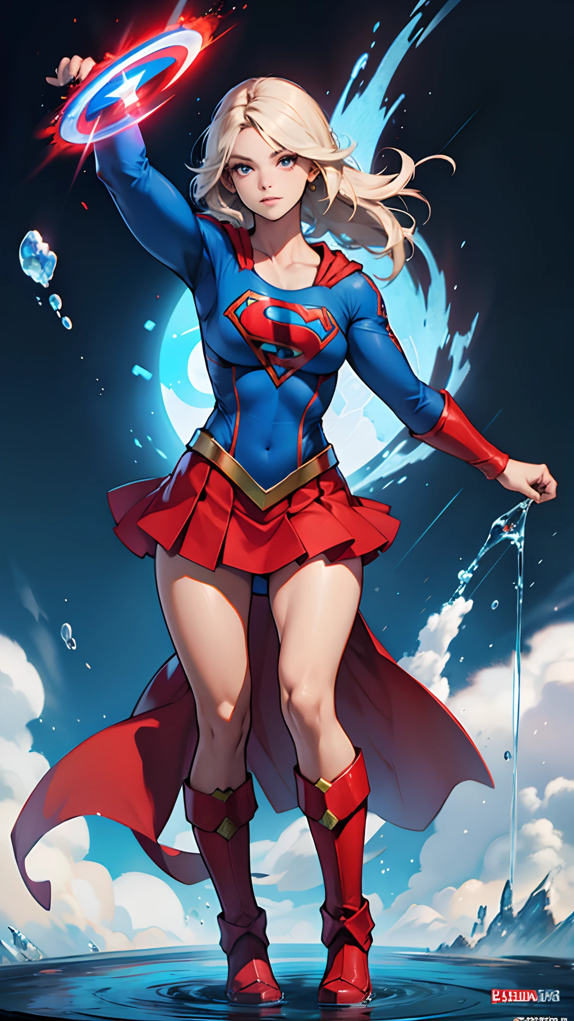supergirl, "s" logotipo no peito(Cor vermelha), saia vermelha (Elastic Fluid Mini Skirt), Cor azul com Tops manga cheia, cor do cabelo loiro, cinto cor amarela, Capa vermelha voando no corpo traseiro, Botas de panturrilha larga vermelha. cara real, mulher americana.