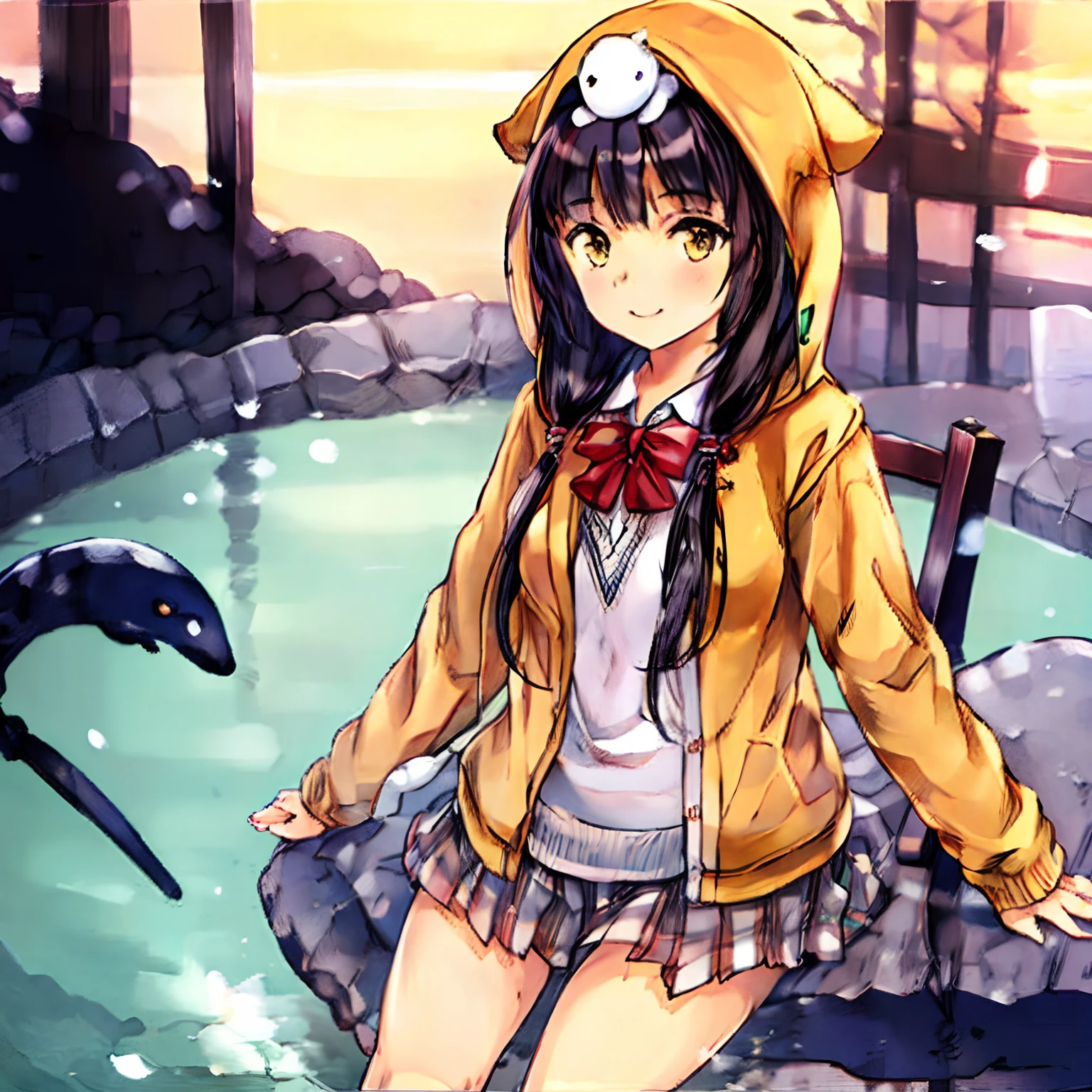 best quality, detailed background, girl,sea, cafeteria, bird, snow, winter,
