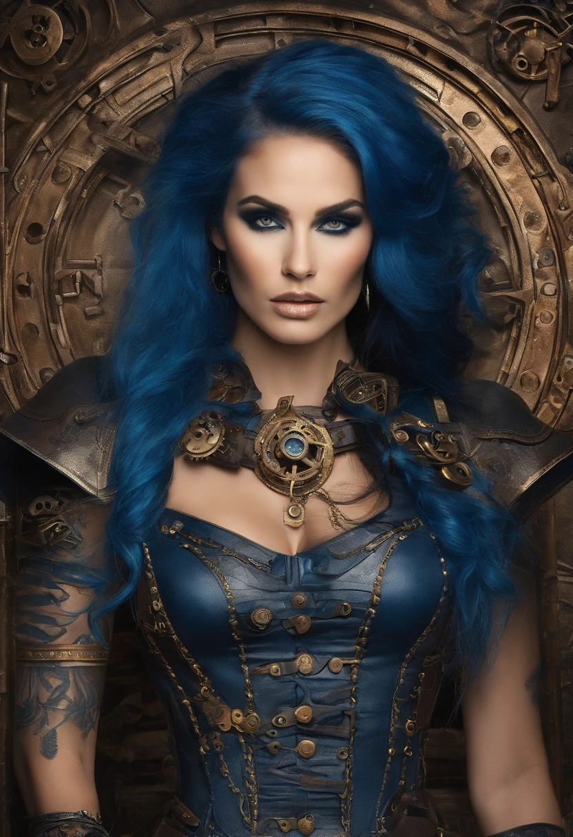 Lady gaga steampunk, black and blue leather, tattoo, hyper detailed, ultra sharp, long colored hair, 8k, (incredibly detailed: 1.5), full body photography, 20 megapixels, canon eos r3, detailed skin, pale skin