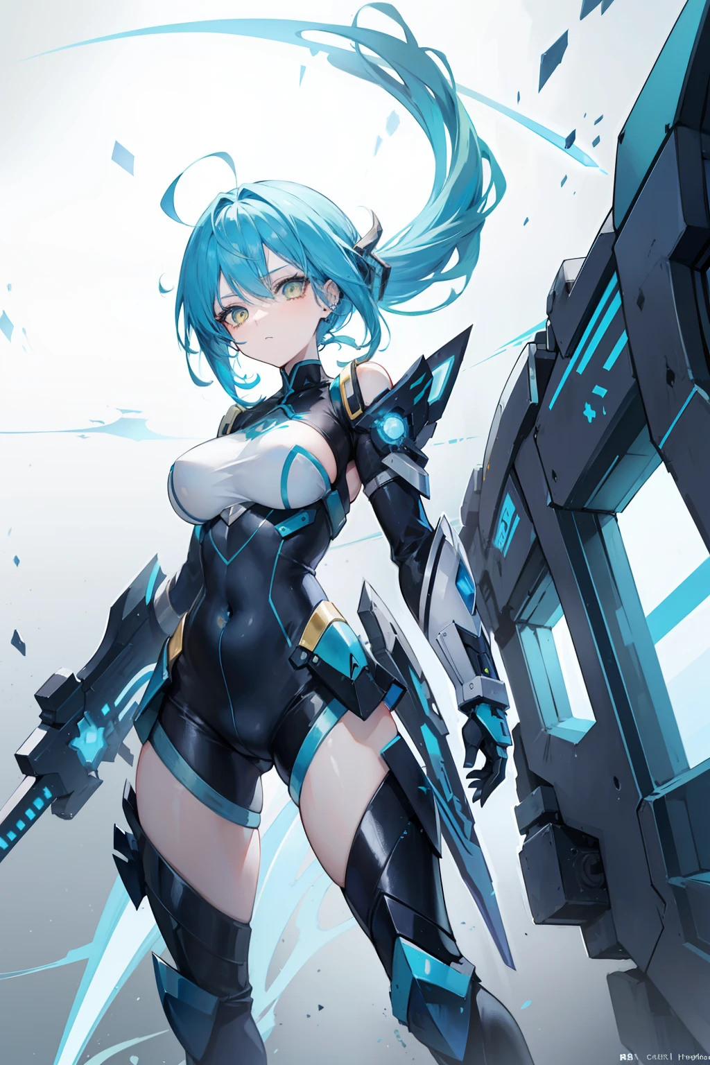 anime girl, aqua blue hair, piercing yellow eyes, in a detailed light blue and black battle suit, carrying a huge jagged blue broadsword with runes enscribed onto it