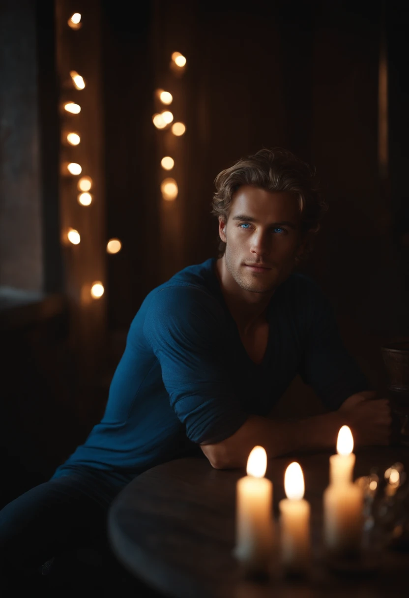 Handsome guy with intense blue eyes is sitting in a completely dark room. There's a candle lit 30 inches away from his face, illuminating her beautiful features. estilo fotorrealista. 8K resolution. Very detailed.