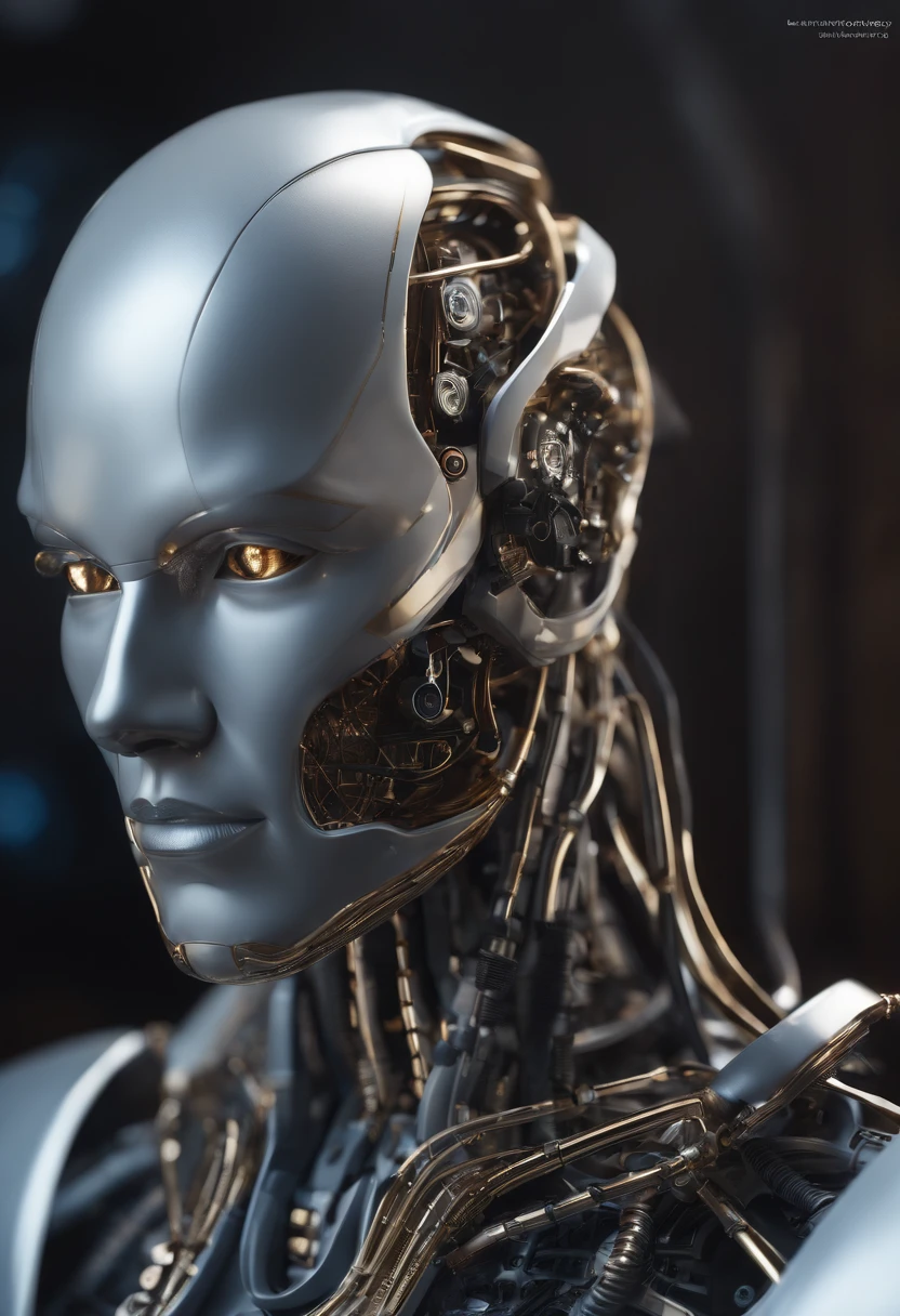 complejo 3d render ultra detallado de un hermoso perfil de porcelana hombre android cara, cyborg, Robotic Parts, 150 mm, hermoso estudio luz suave, luz de borde, detalles vibrantes, ciberpunk lujoso, encaje, hiperrealista, anatomical, facial muscles, electrical wires, microchip, elegante, hermoso fondo, octanaje, estilo H. R. Giger, 8k, mejor calidad, obra maestra, illustration, un extremadamente delicado y hermoso, extremadamente detallado, CG, unidad, papel tapiz, incredible, detalles finos, obra maestra, mejor calidad, arte oficial, fondo de pantalla CG 8k extremadamente detallado, robot, halmet plateado, ((cuerpo completo)), sentado