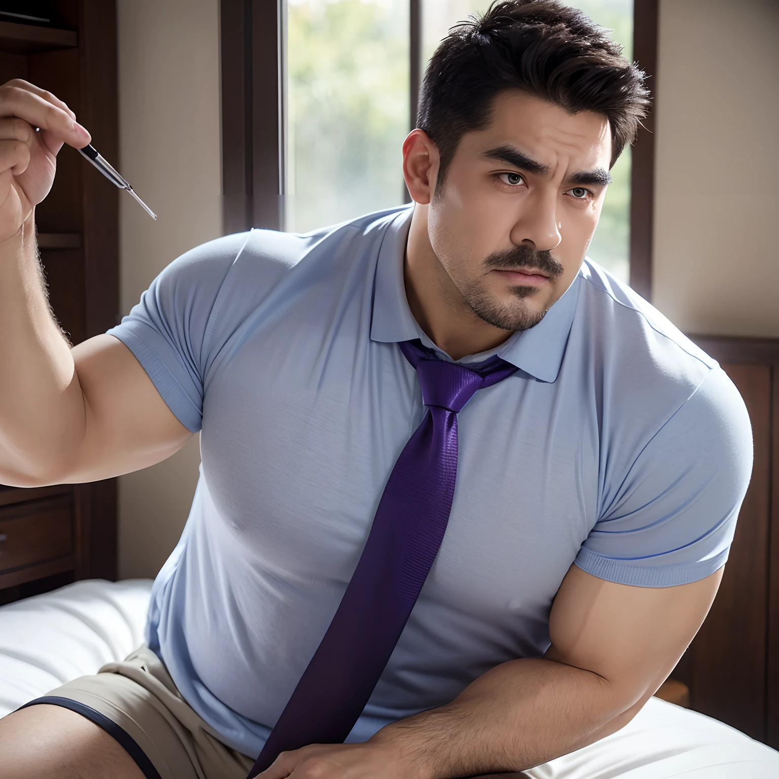 Hulk muscle male uncle,Good-looking,Slightly fat,short mustache,Thick eyebrows,brush cut,There are pectoral muscles,The upper half wears a purple-blue short-sleeved professional shirt,With a wide dark blue tie,The shirt neckline is open,Exposing the pectoral muscles,There are chest hairs on the pectoral muscles,lift thigh,Butt forward,Expose the footboard,Lie in the steaming room,The whole body is sweaty,The expression is shy