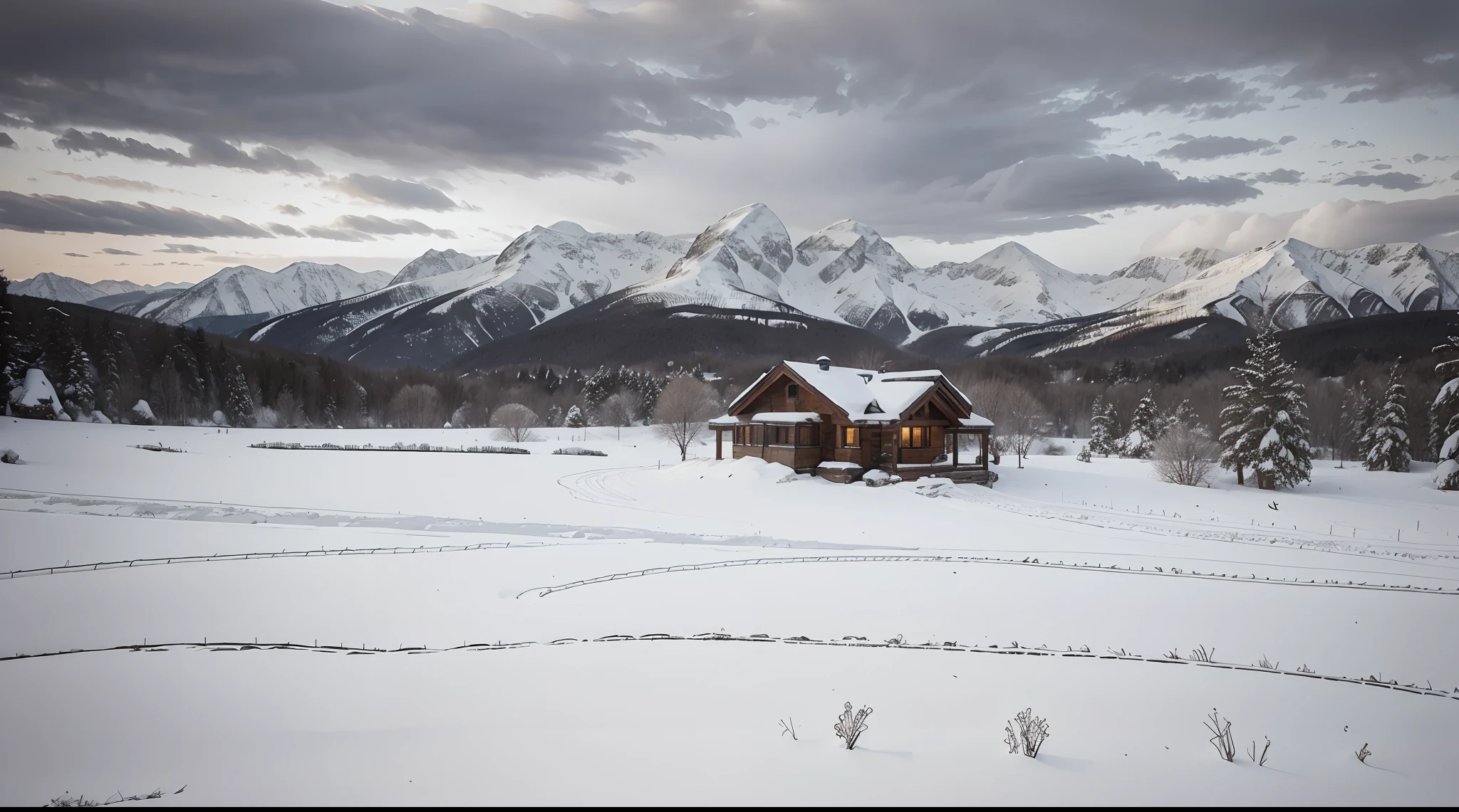 A huge snow-covered hill with a cabin, all surrounded by mountains, charcoal sketch, very detailed and delicate