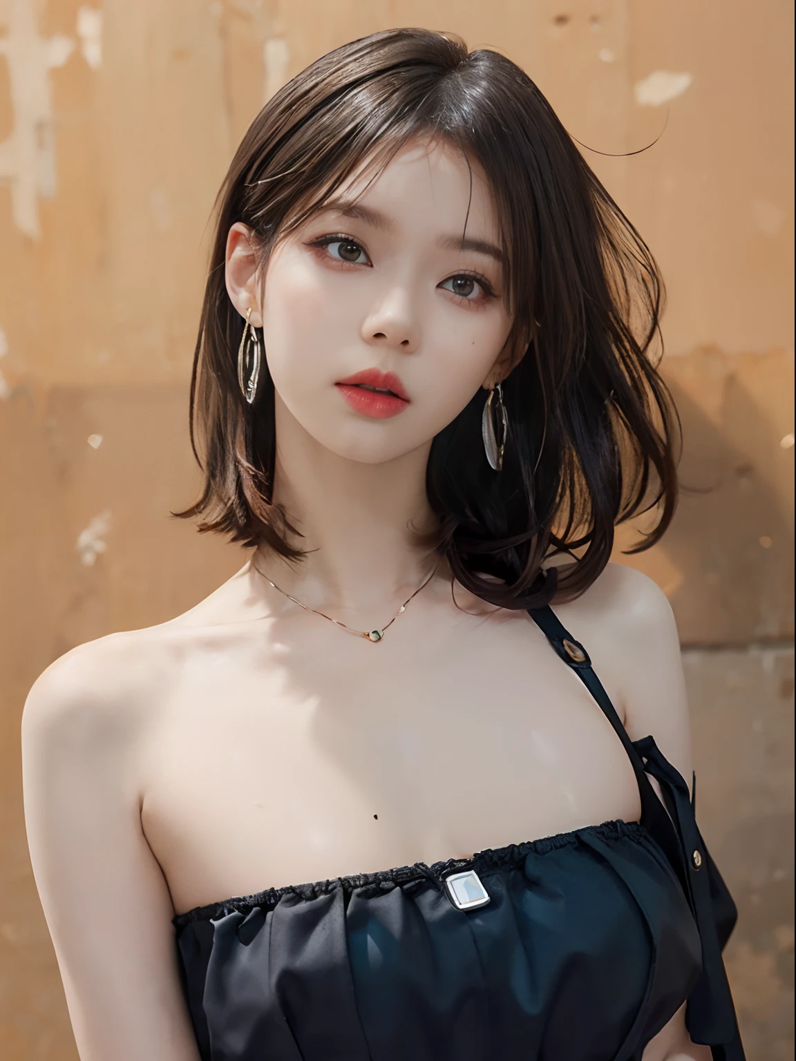 simple background (in women's police uniform and police cap: 1.4), good hand, 4k, high resolution, masterpiece, best quality, head: 1.3, ((Hasselblad photo)), finely detailed skin, clear focus, (cinematic lighting), soft lighting, dynamic angle, [:(detailed face: 1.2):0.2], belly gaze, huge breasts, breasts, (((inside the mansion))),(bare tits:1.4), 1girl, jewelry, earrings, orange_sky, solo, mole, long_hair,   mole_under_eye, upper_body, grey_eyes, looking_at_viewer, black hair, fashion (head tilt: 1.4), plain background, red background,