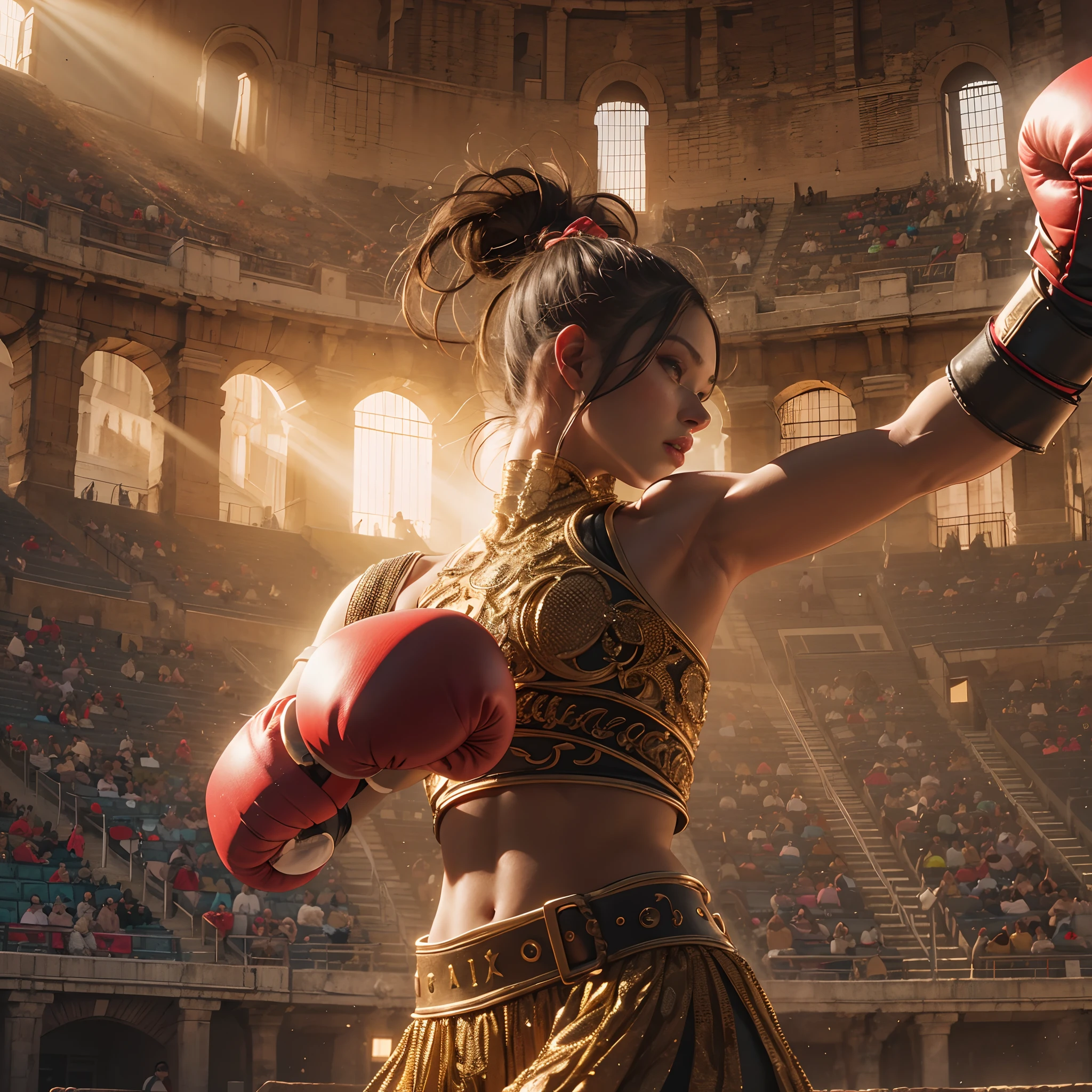 **Render**: A boxing girl, rendered in 4K with extreme detail, is captured in an intense moment in the Greek colosseum. As she swings her fist, the sheen on her skin and her detailed features stand out. The backdrop is vibrant with the strong rays of the sun, showcasing a colosseum filled to the brim with spectators.