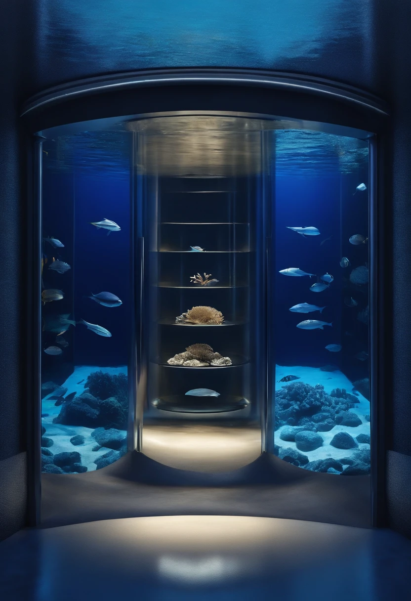 abyssal,Showing the future development of the deep sea,Futuristic technology,2 colours,Cobalt blue and navy blue,Used for poster advertising,Bottomless,Only the ocean,The light from the back window is backlighted，An installation to explore the ocean，A variety of fish of the future，The bottomless ocean of the future
