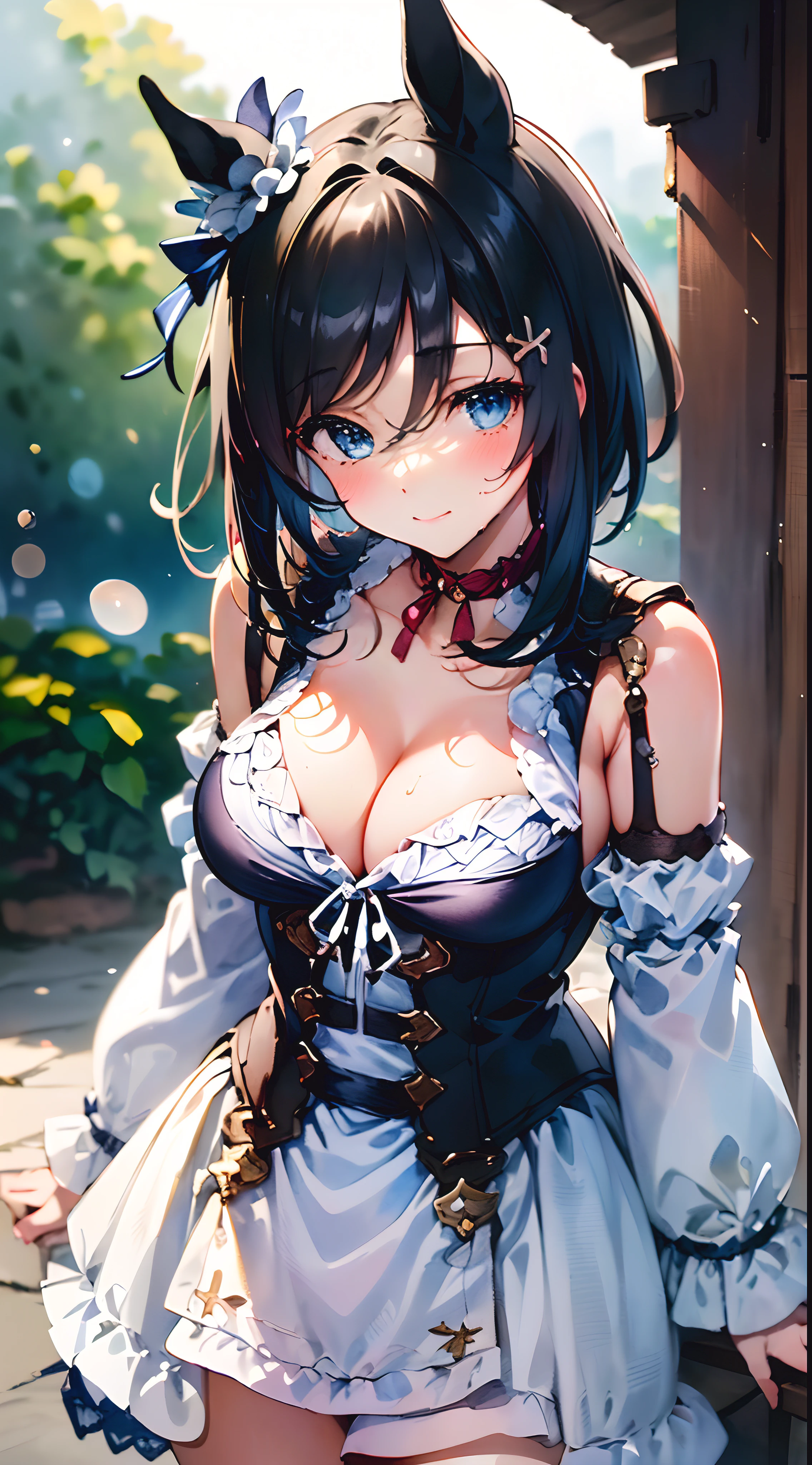 absurdres, highres, (ultra detailed:1.5), (1 girl:1.3), watercolor style, (soft blending:1.4), (dreamy washes:1.4), (delicate textures:1.4, BREAK (bokeh photography:1.3), soft focus, out-of-focus highlights, dreamy ambiance, mesmerizing depth, blurred edges, dynamic angle, more_details:1.5, ((masterpiece:1.5)), ((best quality:1.5)), (ultra-detailed:1.2), ((kawaii)), cute, (lovely), ((sexy)), (ero), ((extremely detailed:1.2)), 4K, (8K), best quality, (beautiful), anime style, ((cowboy shot:1.2)) , focus on the face, full body focus, 8K Wallpaper, Best Quality, 1girl in, eishin flash, Smile, blush, Looking at the viewer, tussock,