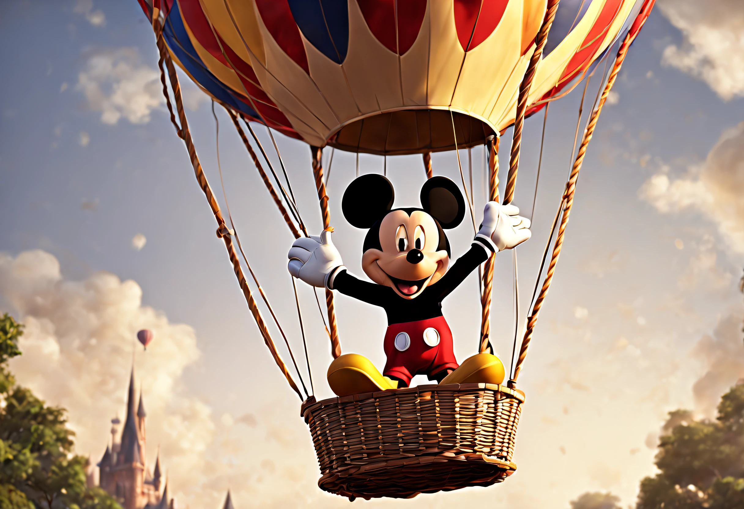 (best quality, 4k, 8k, high resolution, masterpiece: 1.2), ultra detailed, (realistic, photorealistic, photorealistic: 1.37), (mickey mouse in a hot air balloon: 1.32), high resolution, image taken from an animated movie , intricate details, magical lighting, scene taken from a Walt Disney movie