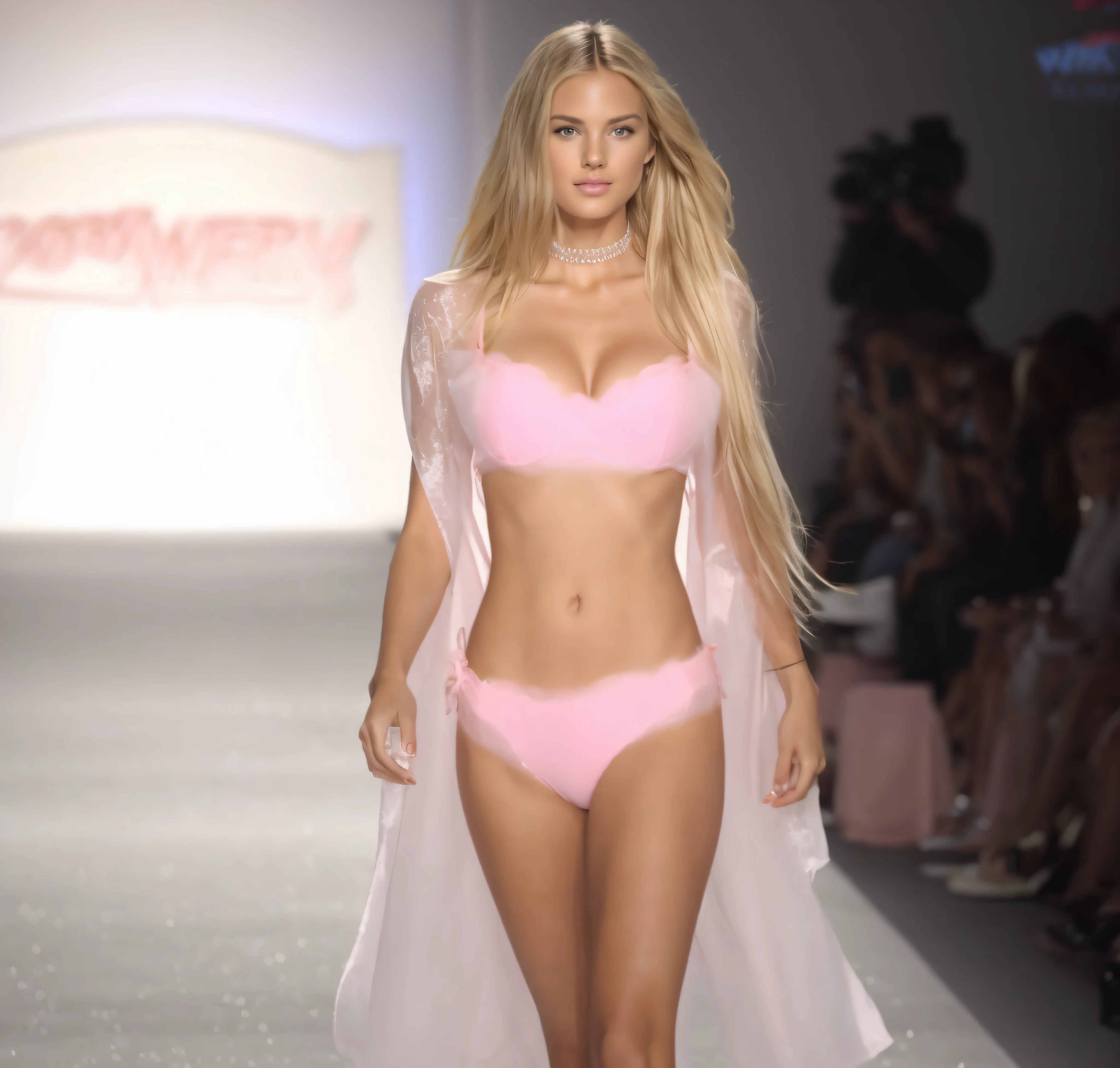 a woman in a pink bikini and cape walks down a runway, bikini model, gorgeous bikini model, glamorous runway model, victoria secret runway show, pale pink bikini, victoria's secret model, beautiful fashion model body, on the runway, light pink bikini, 2 4 year old female model, gorgeous young model, absurdly long blonde hair, walking down the catwalk