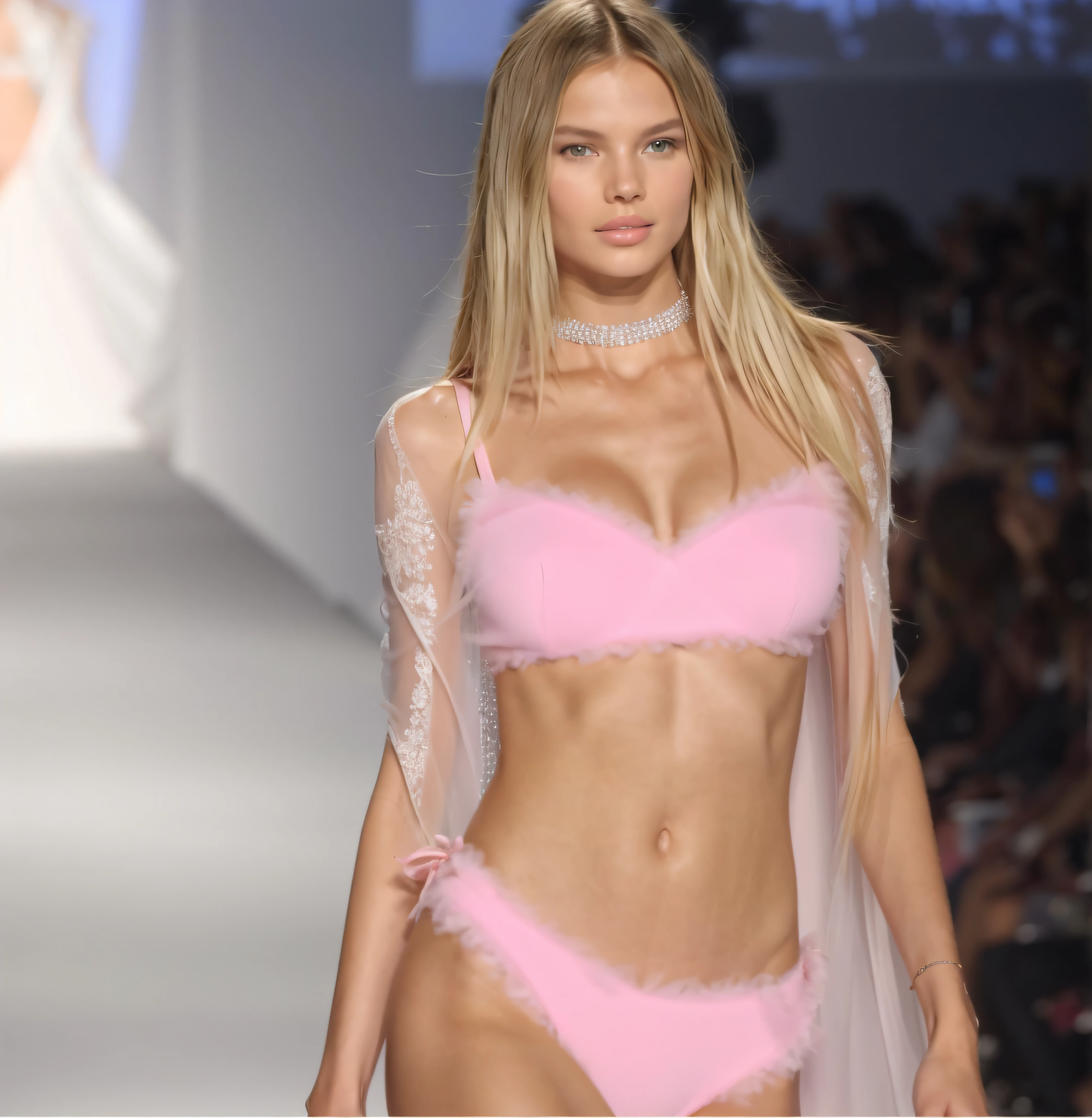 a woman in a pink bikini and a white cape on a runway, bikini model, gorgeous bikini model, victoria's secret model, victoria secret runway show, glamorous runway model, gorgeous young model, style of julia razumova, brazilan supermodel, pale pink bikini, beautiful fashion model body, on the runway, light pink bikini, karol bak uhd