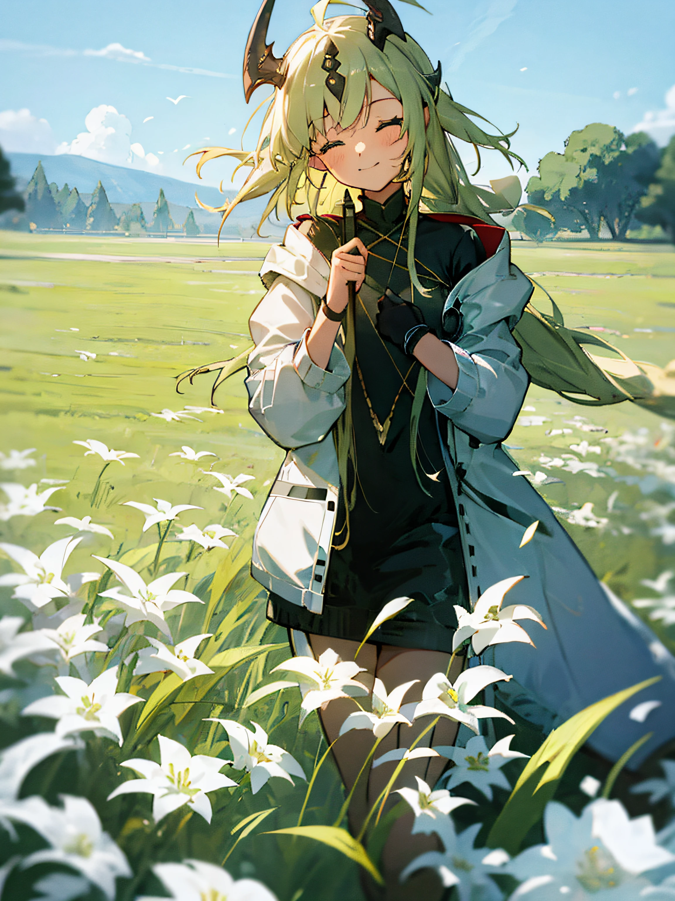 grass field, 1girl, smile, eyes close, dark blue sky, dragon tail