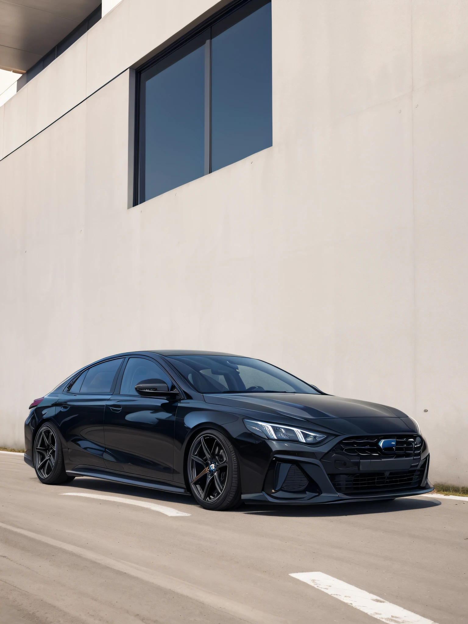 Close-up of a black car parked in front of a building, modern minimalist f 2 0 clean, modern minimalist f 2 0, Wide body, inspired by An Gyeon, front angle, full view of a car, front profile!!!!, Frontlighting, front side full, Black car, long front end, frontage, Chromium and carbon, front profile shot