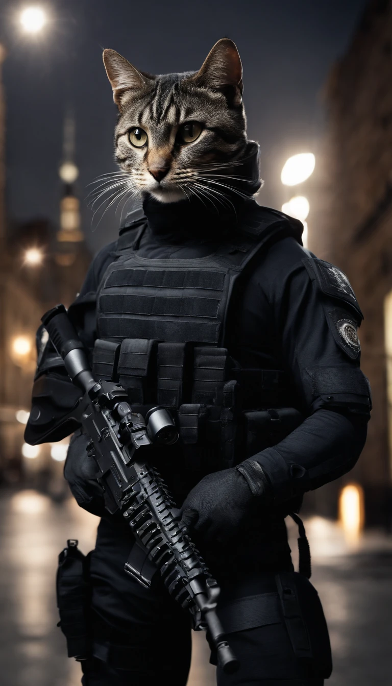 anthro cat, Black SWAT costume, Detailed dark mascara, Perfect skin, Smiling, He was on the side of an armored SWAT vehicle, In a city, He was heavily armed，hold a rifle, Rule of thirds, High quality background, ultra detailed scenery, super sharp focus, Detailed dark mascara, Perfect for professional photos
