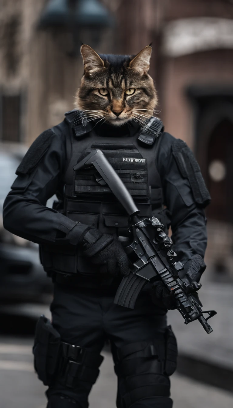anthro cat, Black SWAT costume, Detailed dark mascara, Perfect skin, Smiling, He was on the side of an armored SWAT vehicle, In a city, He was heavily armed，hold a rifle, Rule of thirds, High quality background, ultra detailed scenery, super sharp focus, Detailed dark mascara, Perfect for professional photos