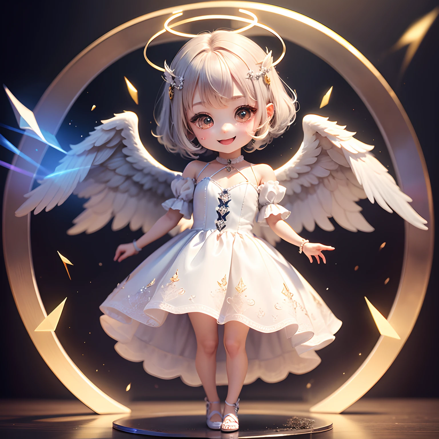 masterpiece、top-quality、ultra-detailliert、(Chibi Chara Angel:1.2)、Detailed wings with white hairs、(Halo:1.4)、(Light prism:1.2)、Open your mouth and smile、Glitter Mold Dress、Full-body standing figure、