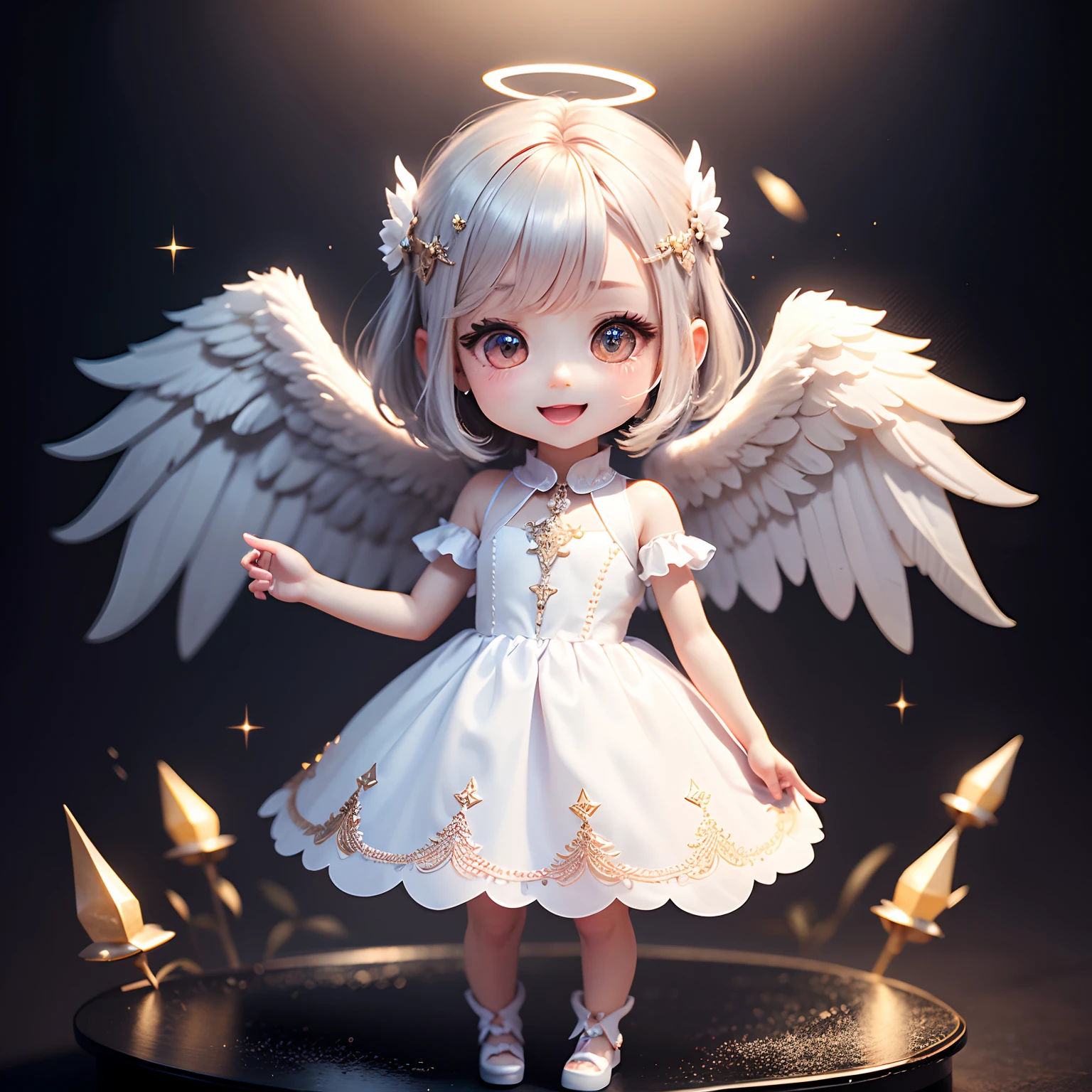 masterpiece、top-quality、ultra-detailliert、(Chibi Chara Angel:1.2)、Detailed wings with white hairs、(Halo:1.4)、(Light prism:1.2)、Open your mouth and smile、Glitter Mold Dress、Full-body standing figure、