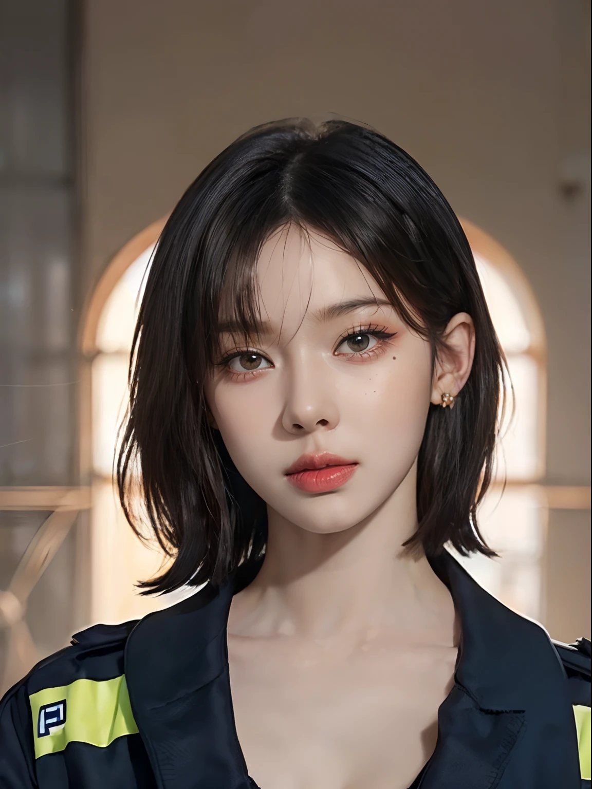 simple background (in women's police uniform and police cap: 1.4), good hand, 4k, high resolution, masterpiece, best quality, head: 1.3, ((Hasselblad photo)), finely detailed skin, clear focus, (cinematic lighting), soft lighting, dynamic angle, [:(detailed face: 1.2):0.2], belly gaze, huge breasts, breasts, (((inside the mansion))),(bare tits:1.4), 1girl, jewelry, earrings, orange_sky, solo, mole, long_hair,   mole_under_eye, upper_body, grey_eyes, looking_at_viewer, black hair, fashion (head tilt: 1.4), plain background, red background,