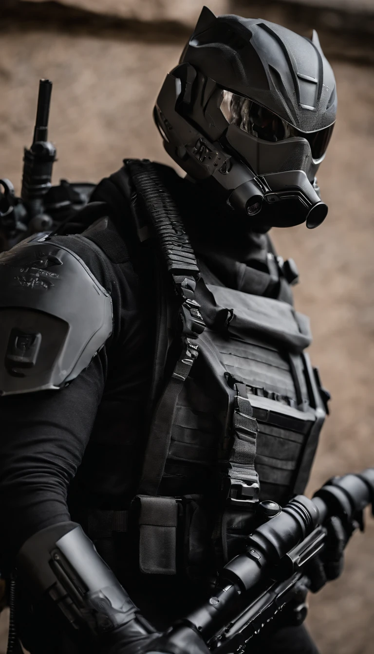 anthro cat, Black SWAT costume, Detailed dark mascara, Perfect skin, Smiling, He was on the side of an armored SWAT vehicle, In a city, He was heavily armed，hold a rifle, Rule of thirds, High quality background, ultra detailed scenery, super sharp focus, Detailed dark mascara, Perfect for professional photos