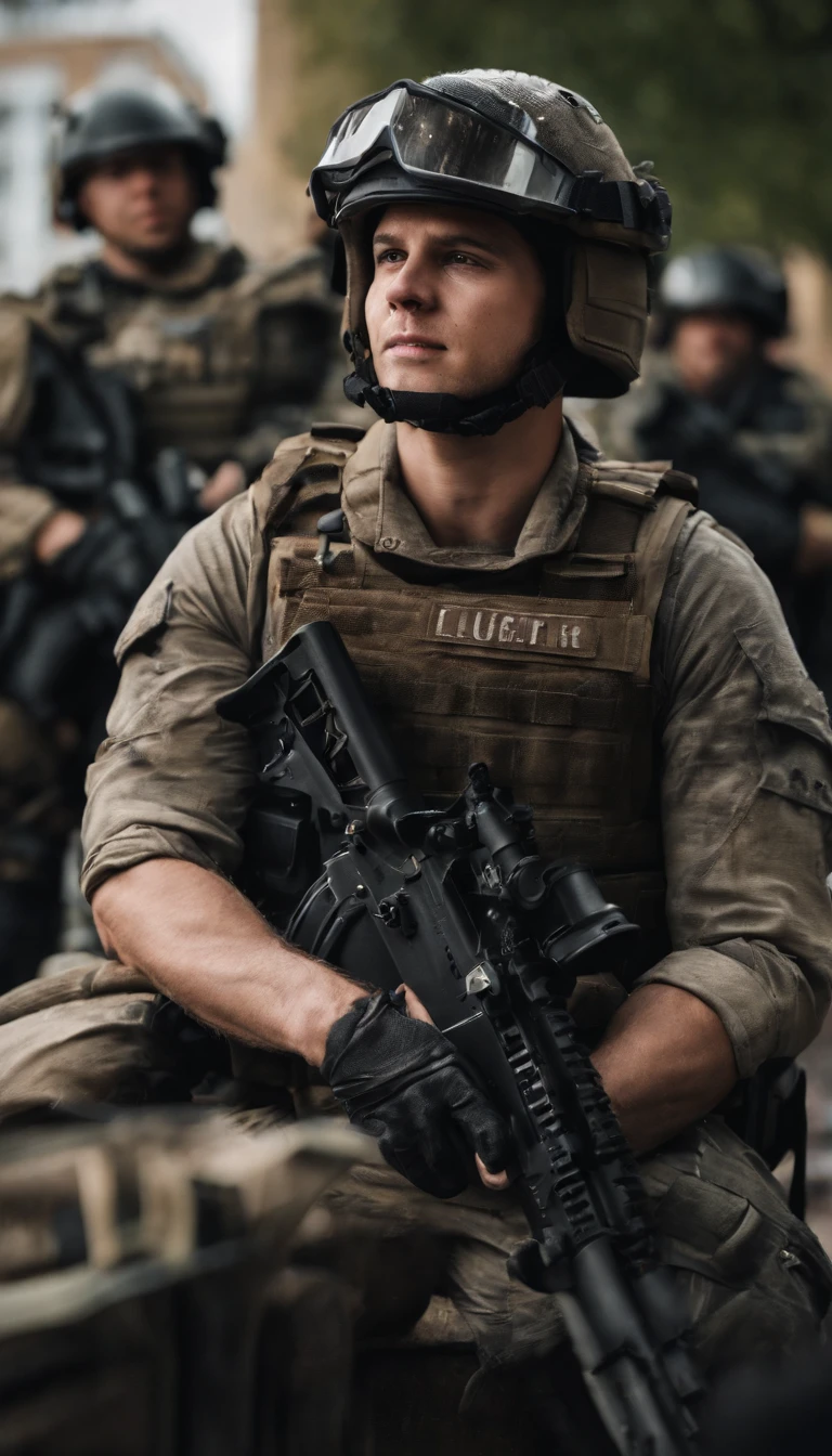 anthro cat, Black SWAT costume, Detailed dark mascara, Perfect skin, Smiling, He was on the side of an armored SWAT vehicle, In a city, He was heavily armed,hold a rifle, Rule of thirds, High quality background, ultra detailed scenery, super sharp focus, Detailed dark mascara, Perfect for professional photos