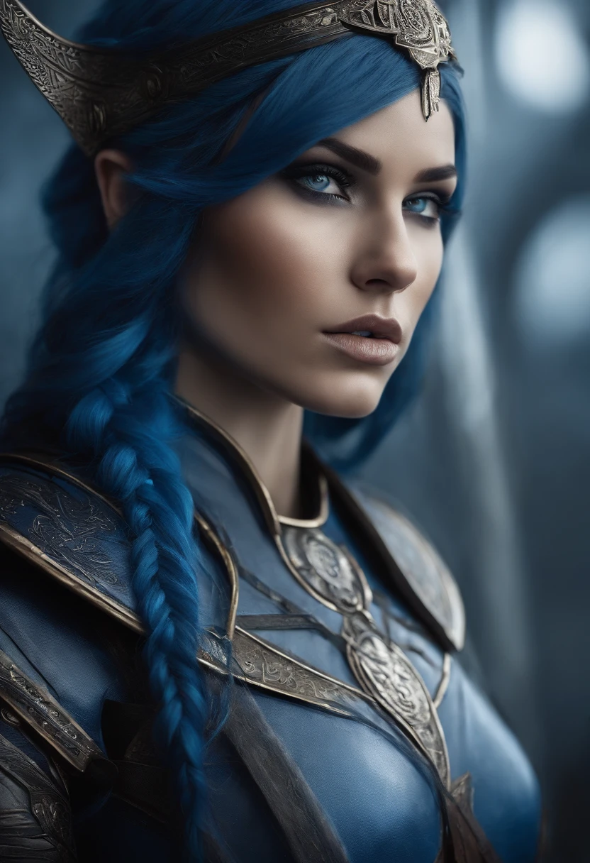 girl Eyes: Light and penetrating blue. Navy blue hair\nSkin: Fair, with battle scars.\nHeight: Tall, slender and athletic.\nClothes: Futuristic Viking armor, ax with runes.
