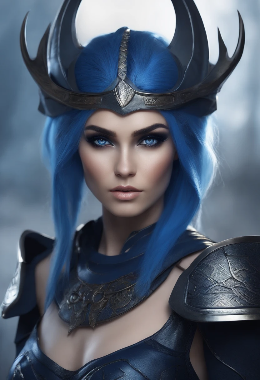 girl Eyes: Light and penetrating blue. Navy blue hair\nSkin: Fair, with battle scars.\nHeight: Tall, slender and athletic.\nClothes: Futuristic Viking armor, ax with runes.