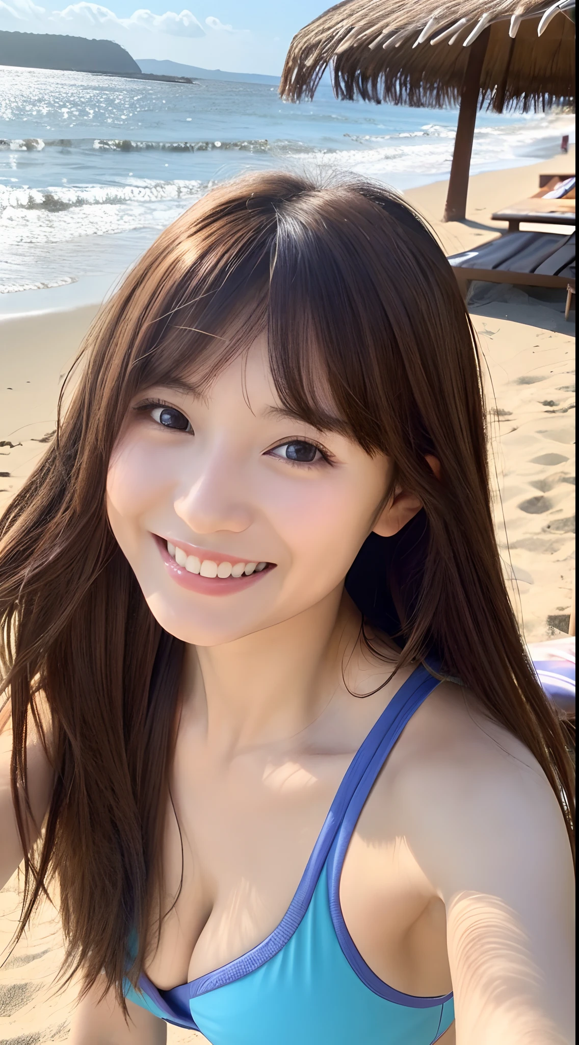 4K、top-quality、masutepiece、Brown hair、((Japan  Woman))、a beauty girl、cute  face、Longhaire、With bangs、age19、swim wears、middlebreasts、Looking at the camera、((smile1.6))、insta photo、the beach、selfee、